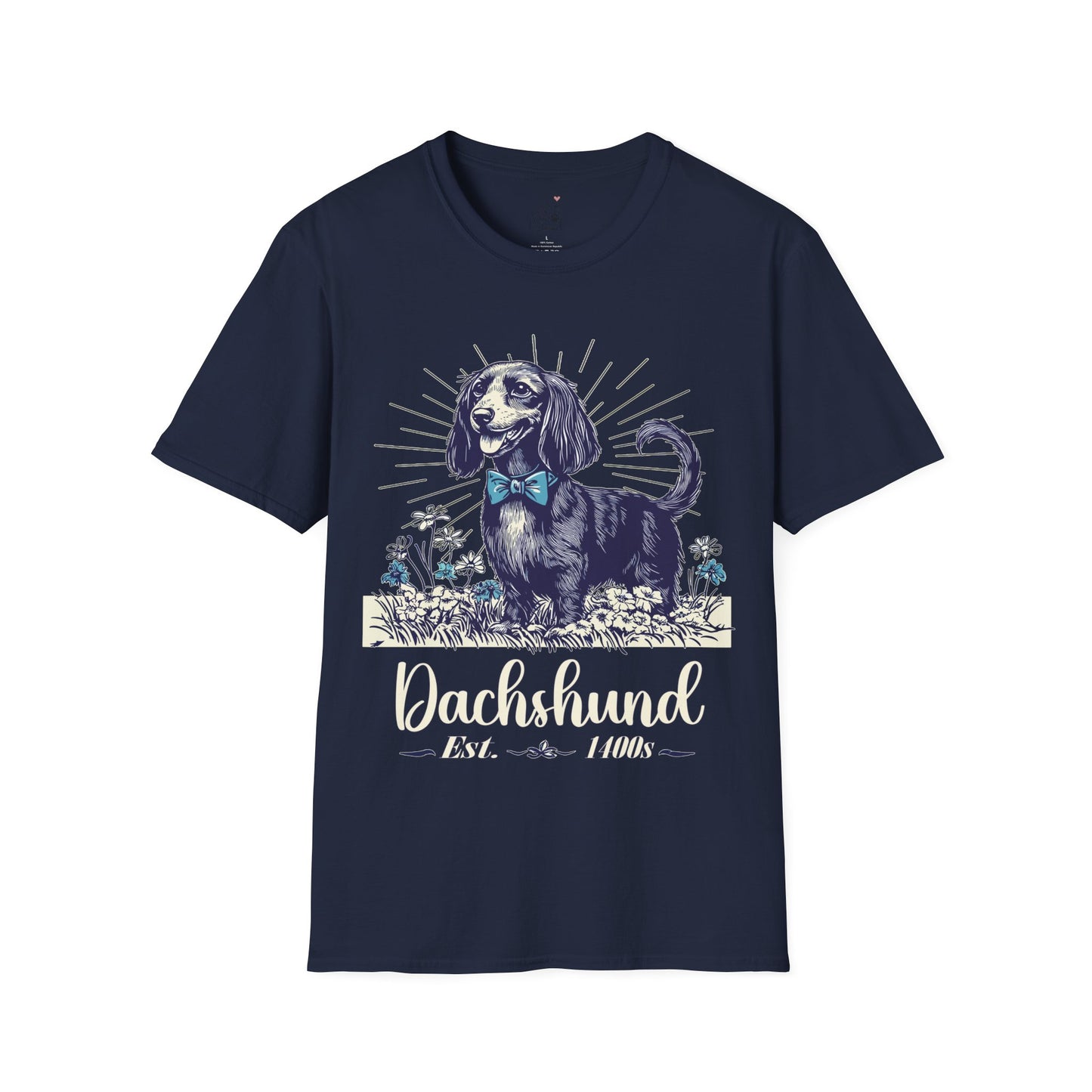 "Circa" Black & Tan Long-Haired Dachshund Unisex Softstyle T-Shirt