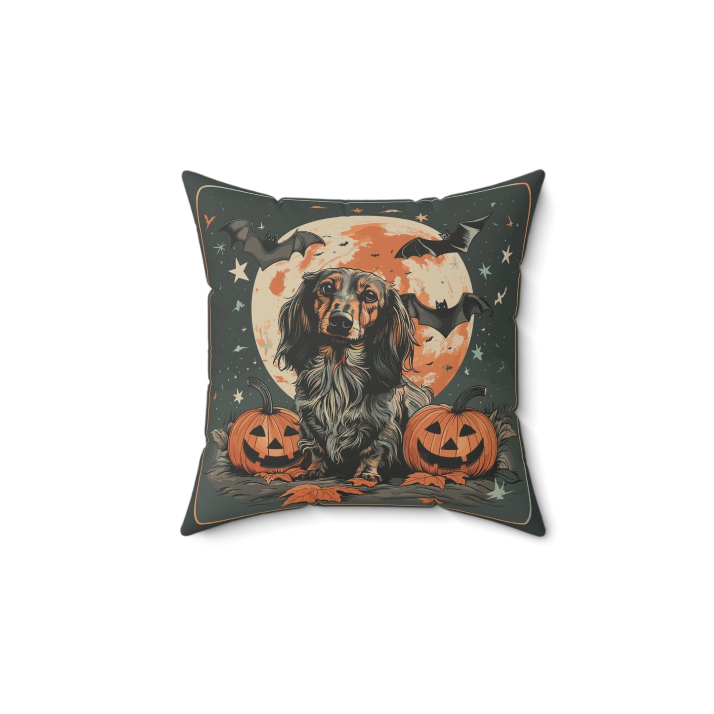 #11 Halloween Inspired Black & Tan/Red/Chocolate Long-Haired Dachshund Throw Pillow