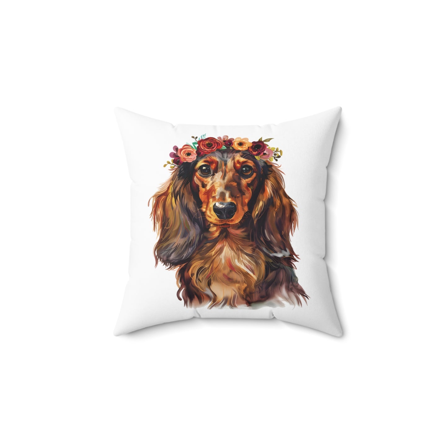 "Rubies" Long-Haired Dachshund Square Throw Pillow