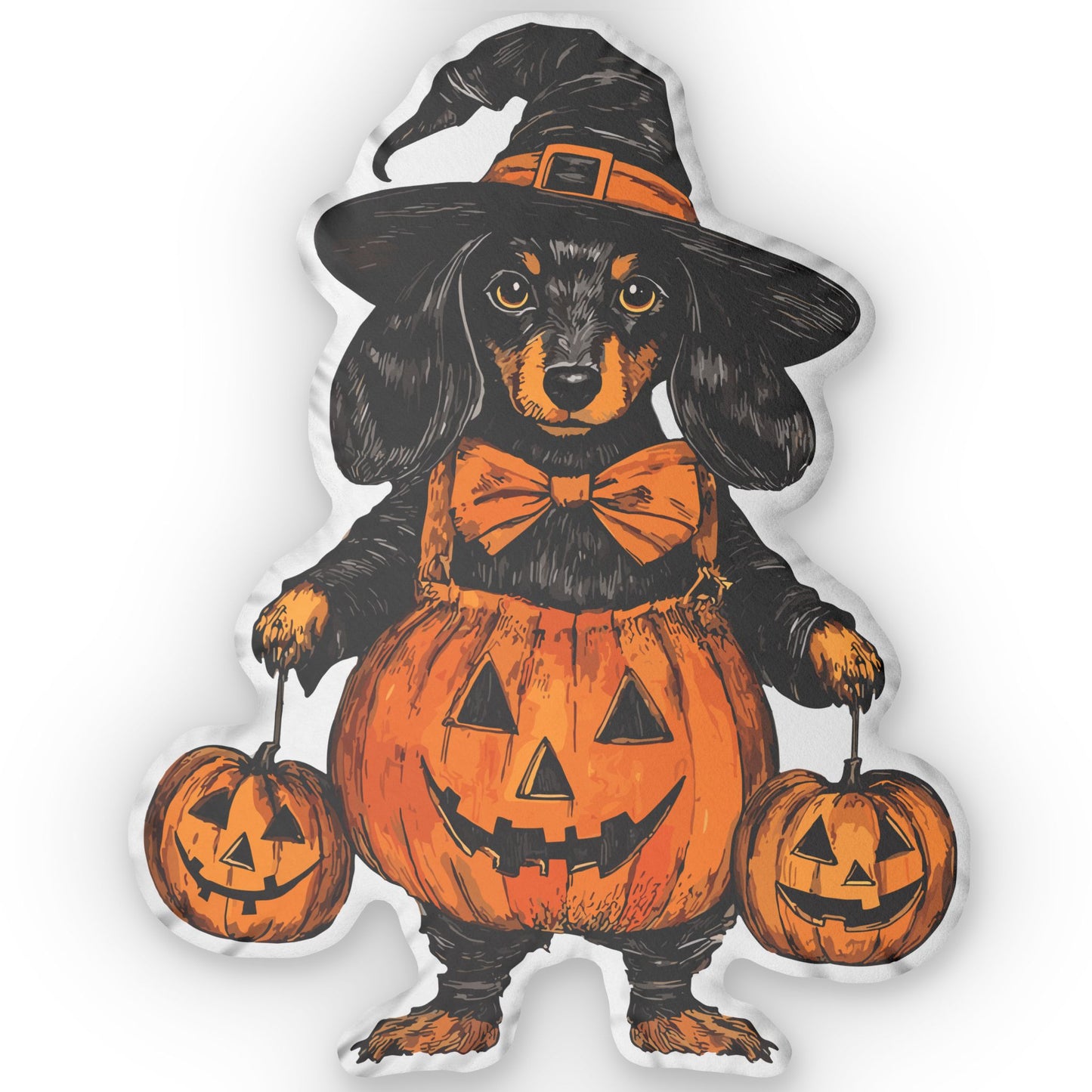 #23 Vintage Halloween Inspired Black & Tan Long-Haired Dachshund Custom Shaped Pillow