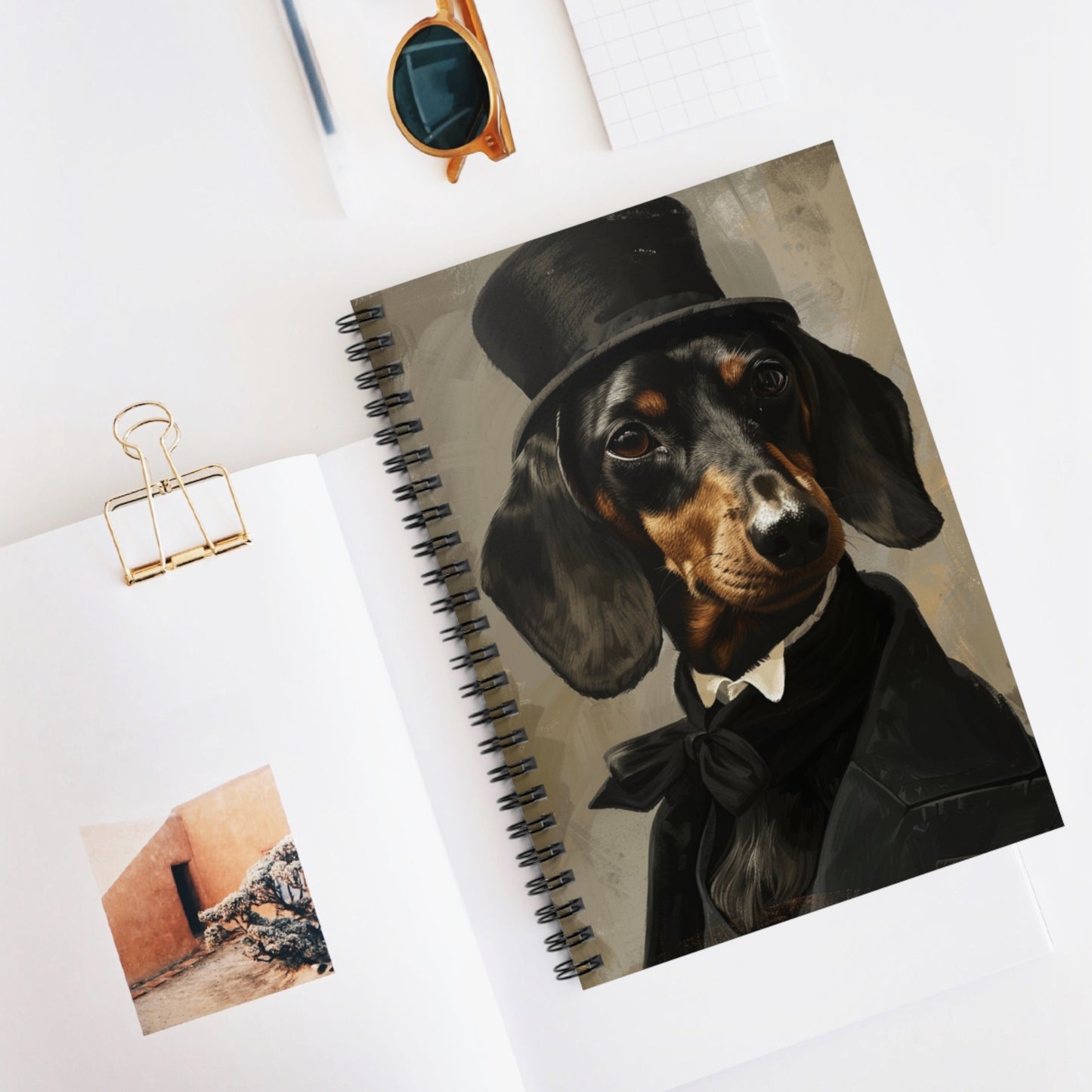 "Top Hat" Black & Tan Smooth-Haired Dachshund Ruled Line Spiral Notebook
