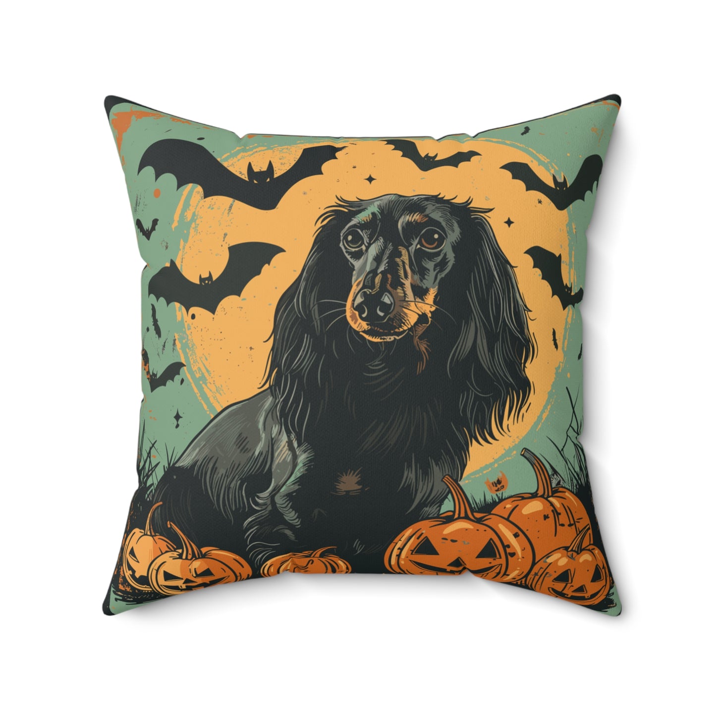 #19 Halloween Inspired Black & Tan Long-Haired Dachshund Throw Pillow