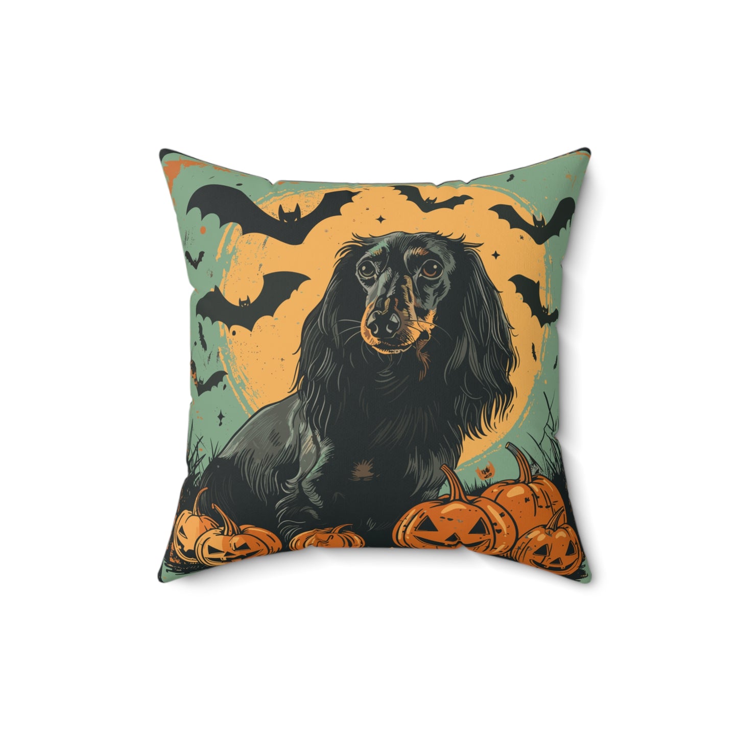 #19 Halloween Inspired Black & Tan Long-Haired Dachshund Throw Pillow
