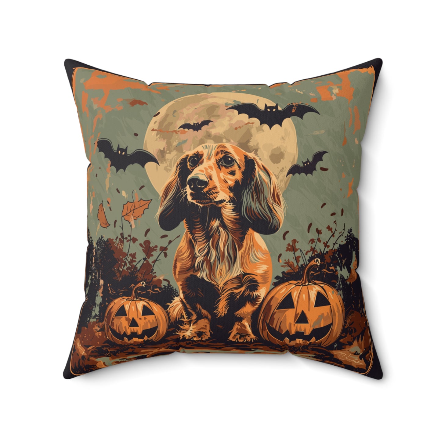#21 Halloween Inspired Tan Long-Haired Dachshund Throw Pillow