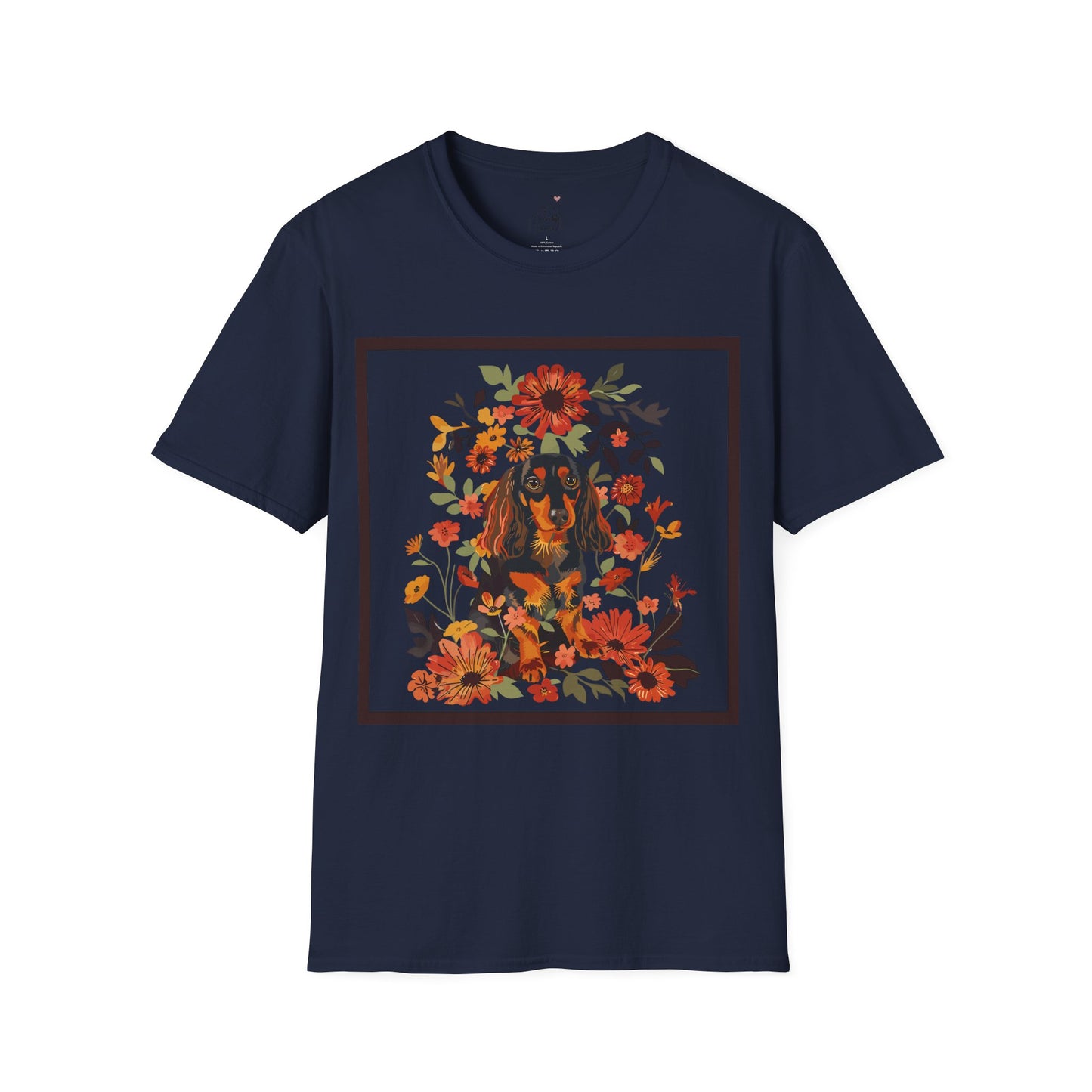 "Bouquet" Black & Tan Long-Haired Dachshund Unisex Softstyle T-Shirt