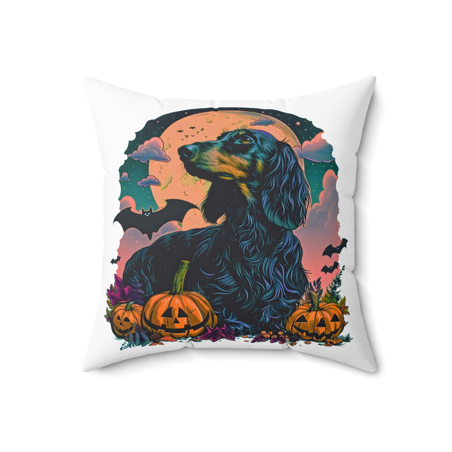 #15 Halloween Inspired Black & Tan Long-Haired Dachshund Throw Pillow