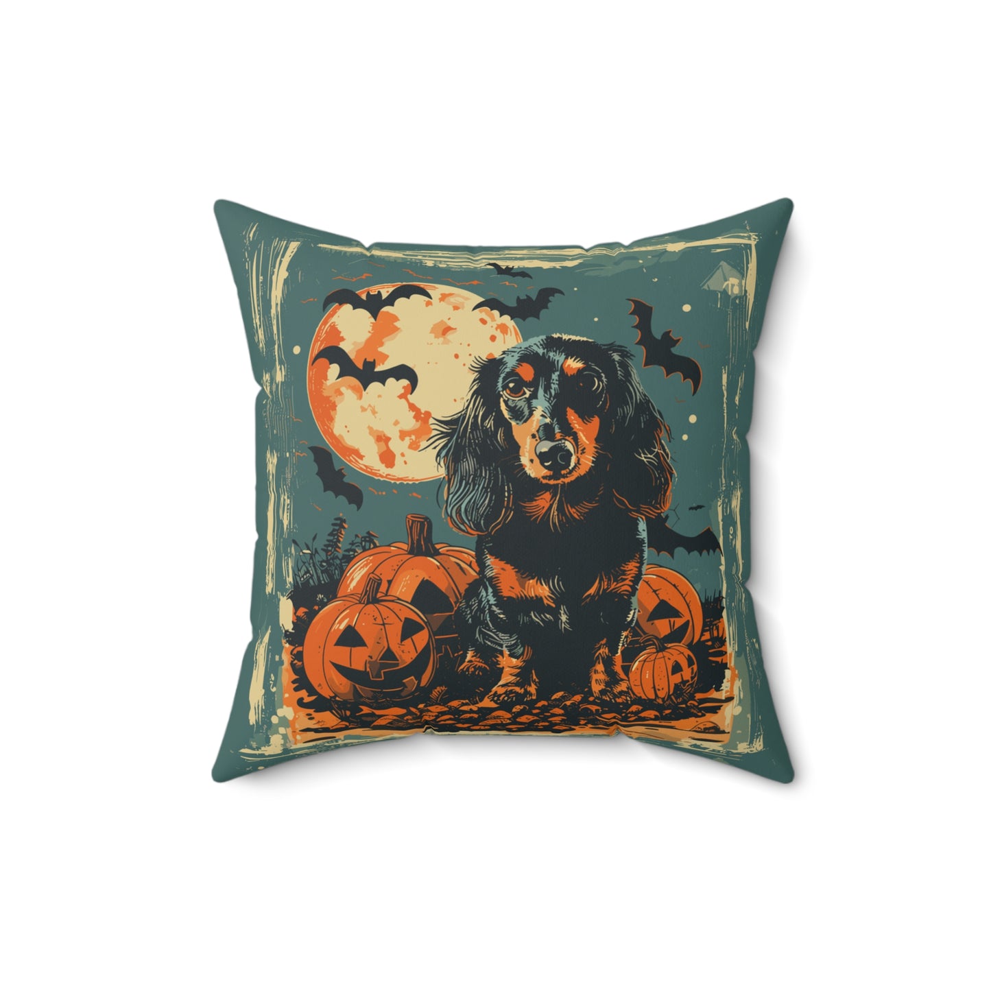 #20 Halloween Inspired Black & Tan Long-Haired Dachshund Throw Pillow
