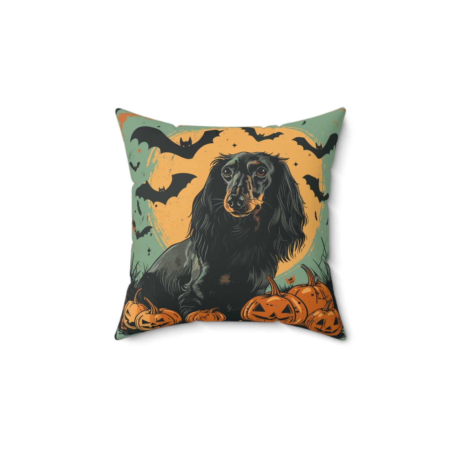 #19 Halloween Inspired Black & Tan Long-Haired Dachshund Throw Pillow