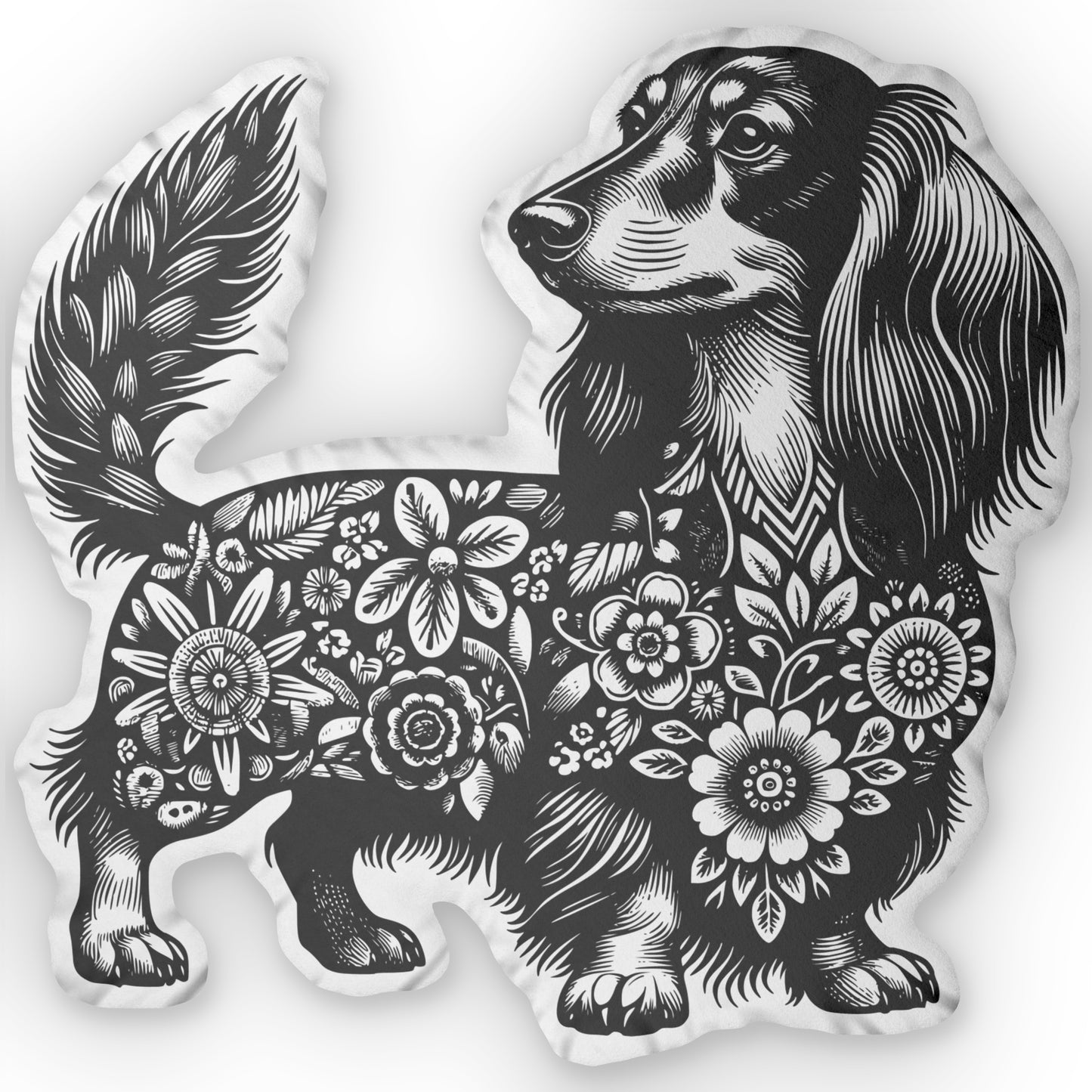 #6 Floral Print Long-Haired Dachshund Custom-Shaped Pillow