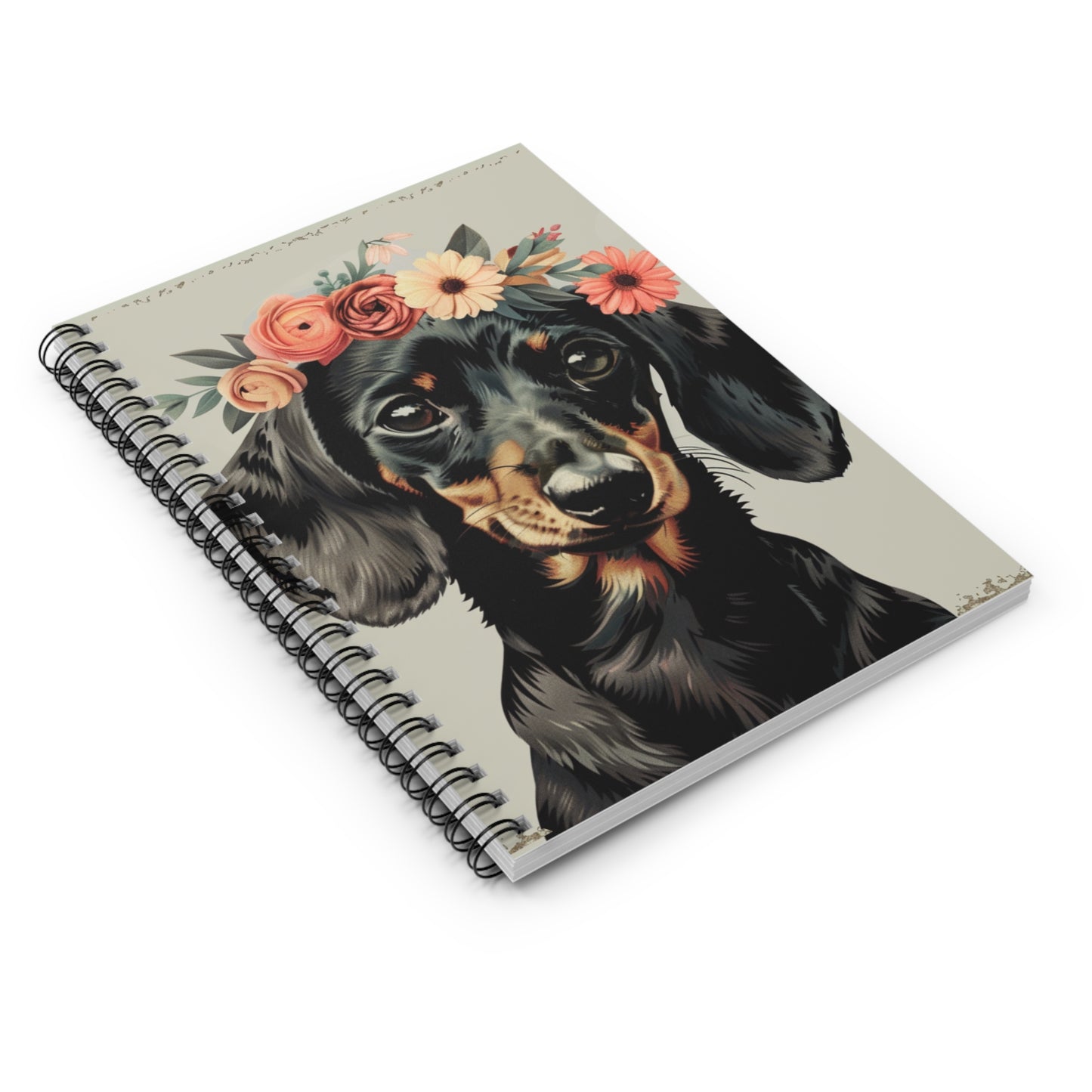 "Flower Crown" Black & Tan Smooth-Haired Dachshund Ruled Line Spiral Notebook