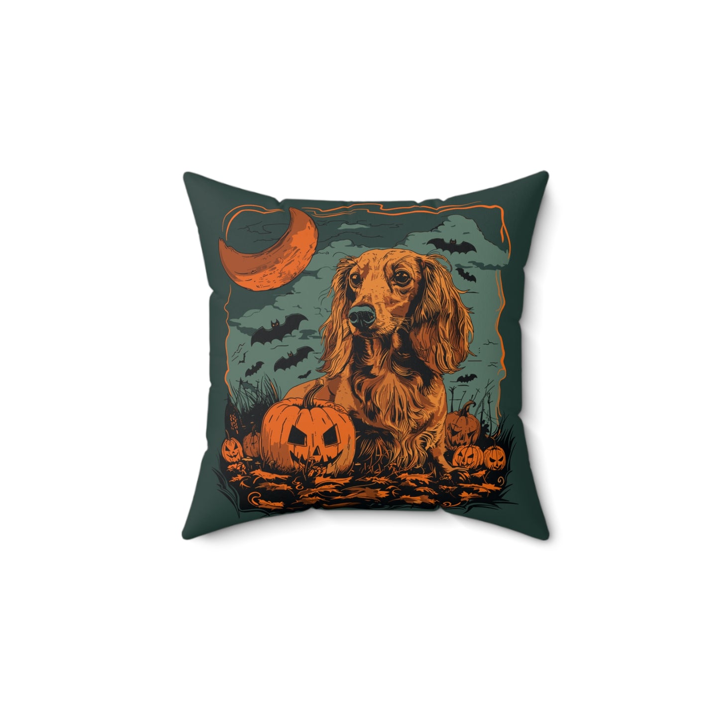#16 Halloween Inspired Red/Tan Long-Haired Dachshund Throw Pillow