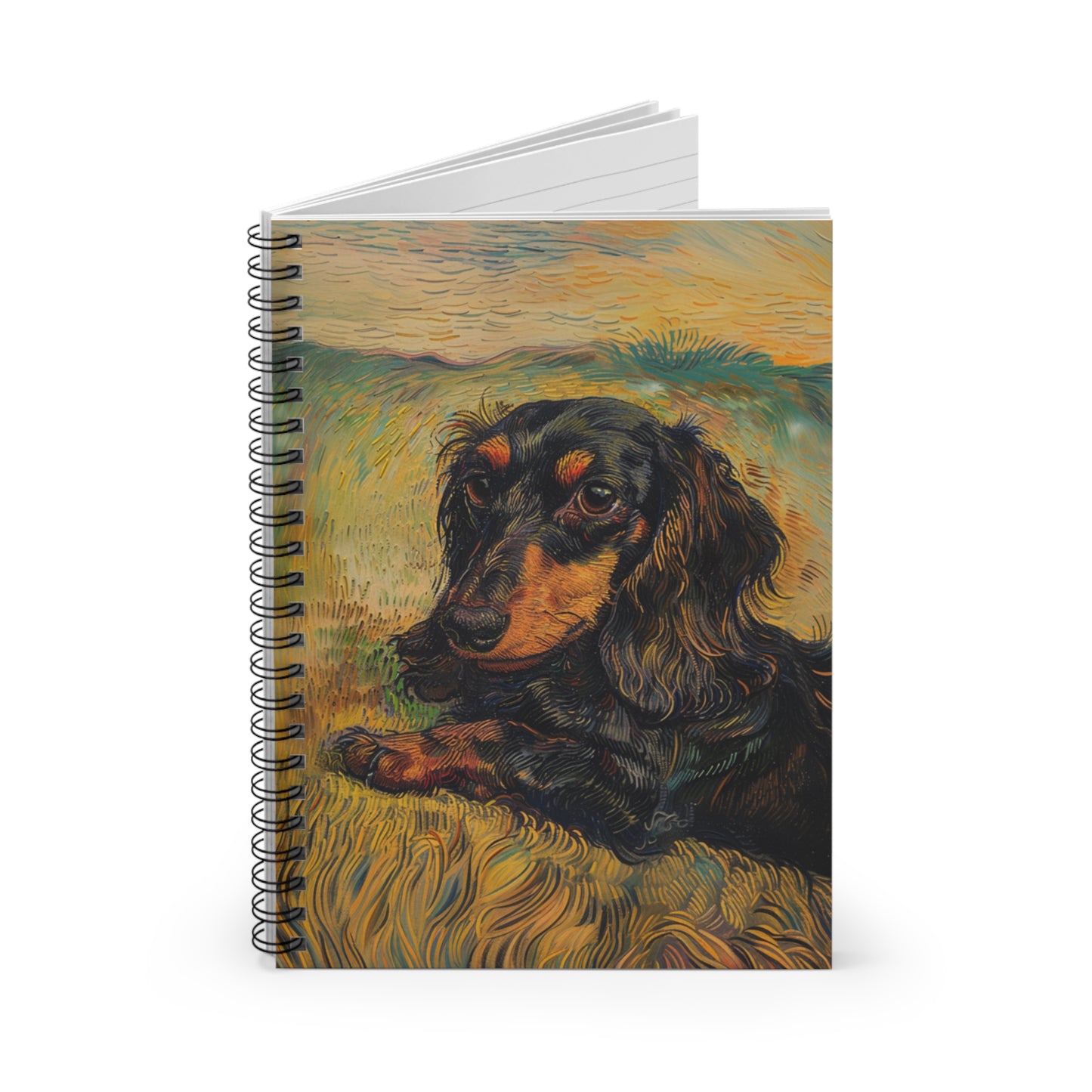 "Gogh" Black & Tan Long-Haired Dachshund Ruled Line Spiral Notebook