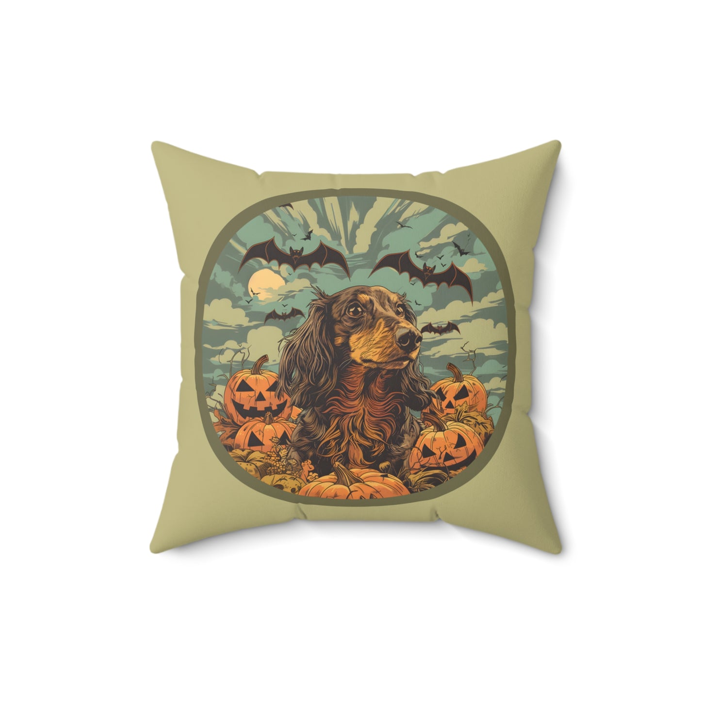#17 Halloween Inspired Black & Tan/Chocolate Long-Haired Dachshund Throw Pillow