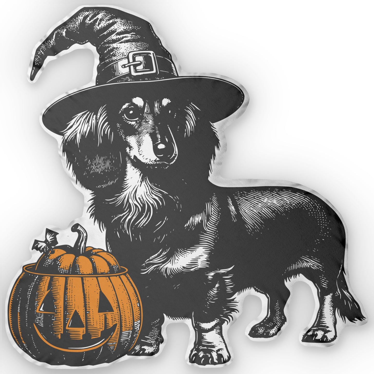 #8 Halloween Inspired Black & Tan Long-Haired Dachshund Custom Shaped Pillow
