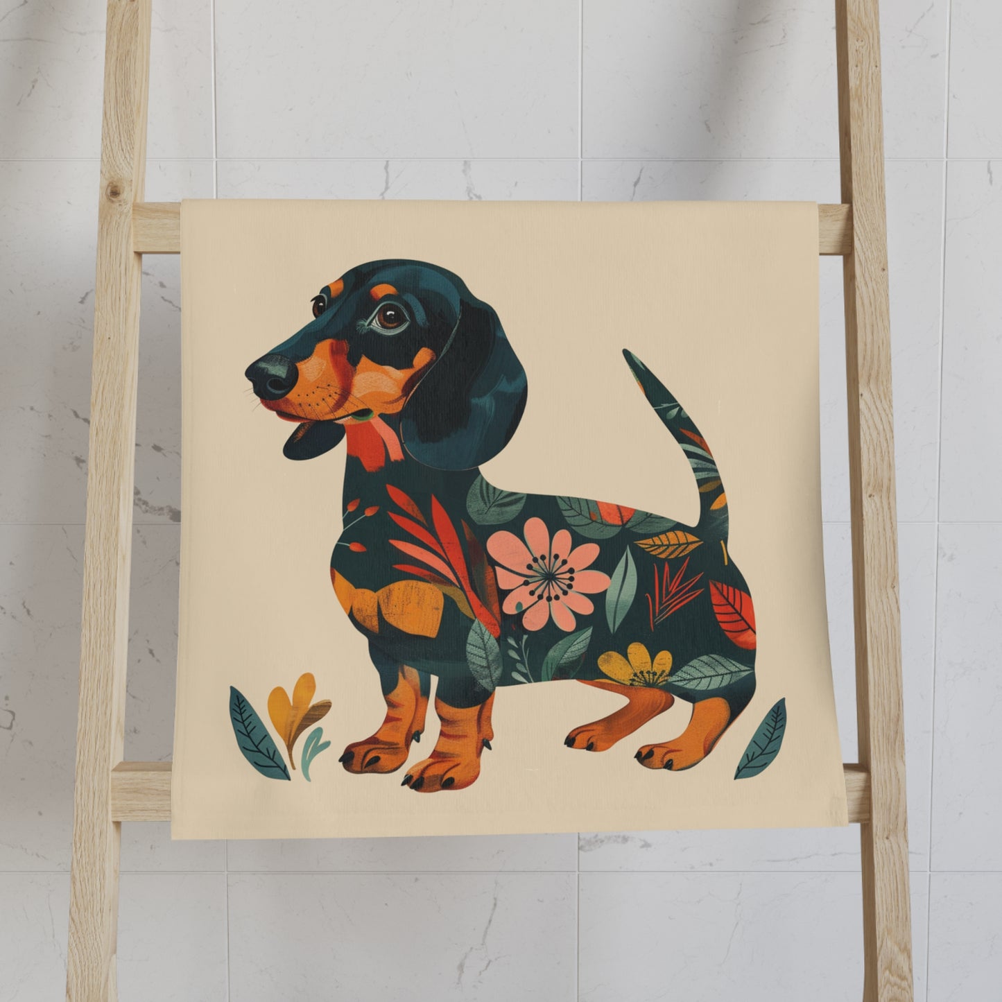 "Fresh" Black & Tan Smooth-Haired Dachshund Tan Floral Towel Set