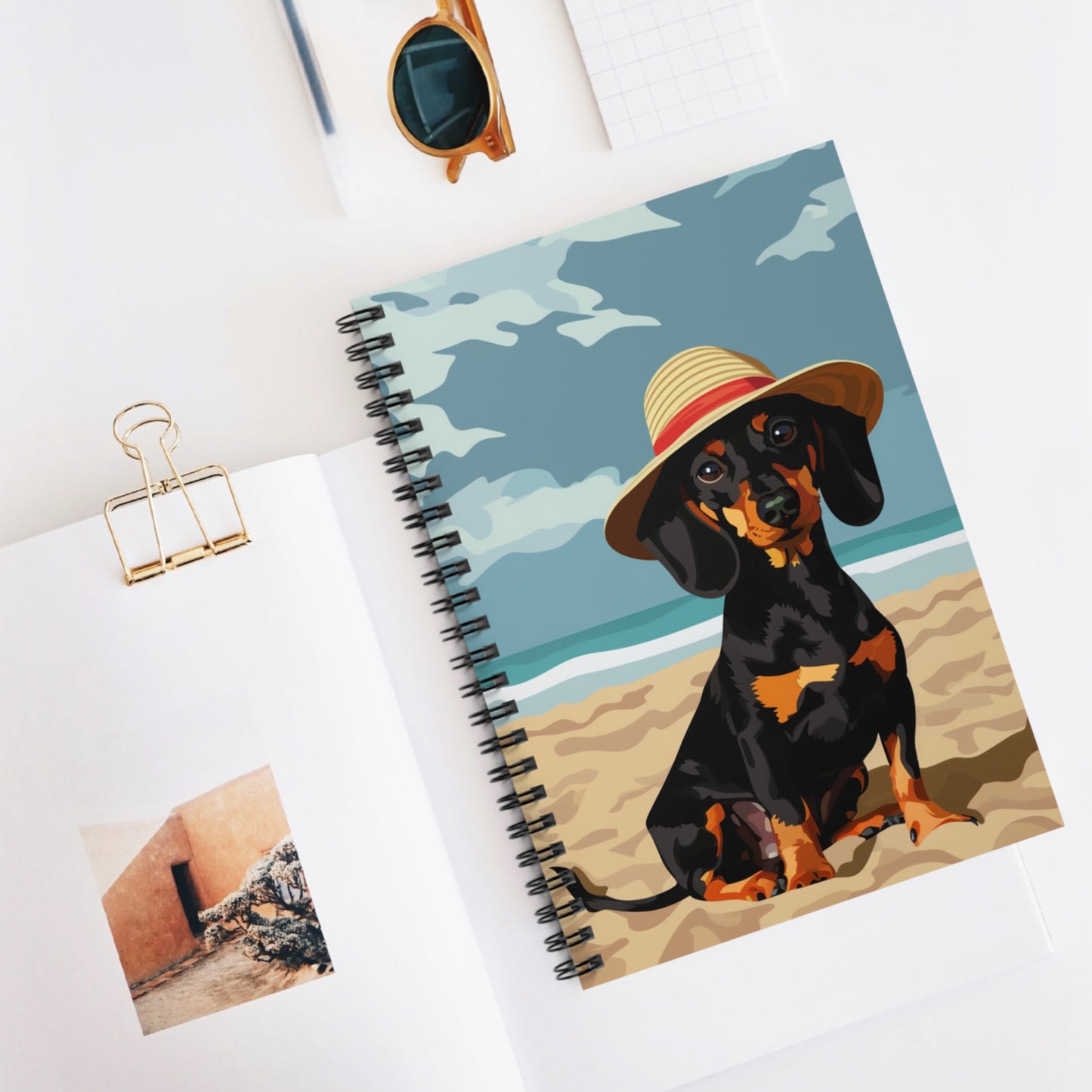 "Beachy Keen" Black & Tan Smooth-Haired Dachshund Ruled Line Spiral Notebook