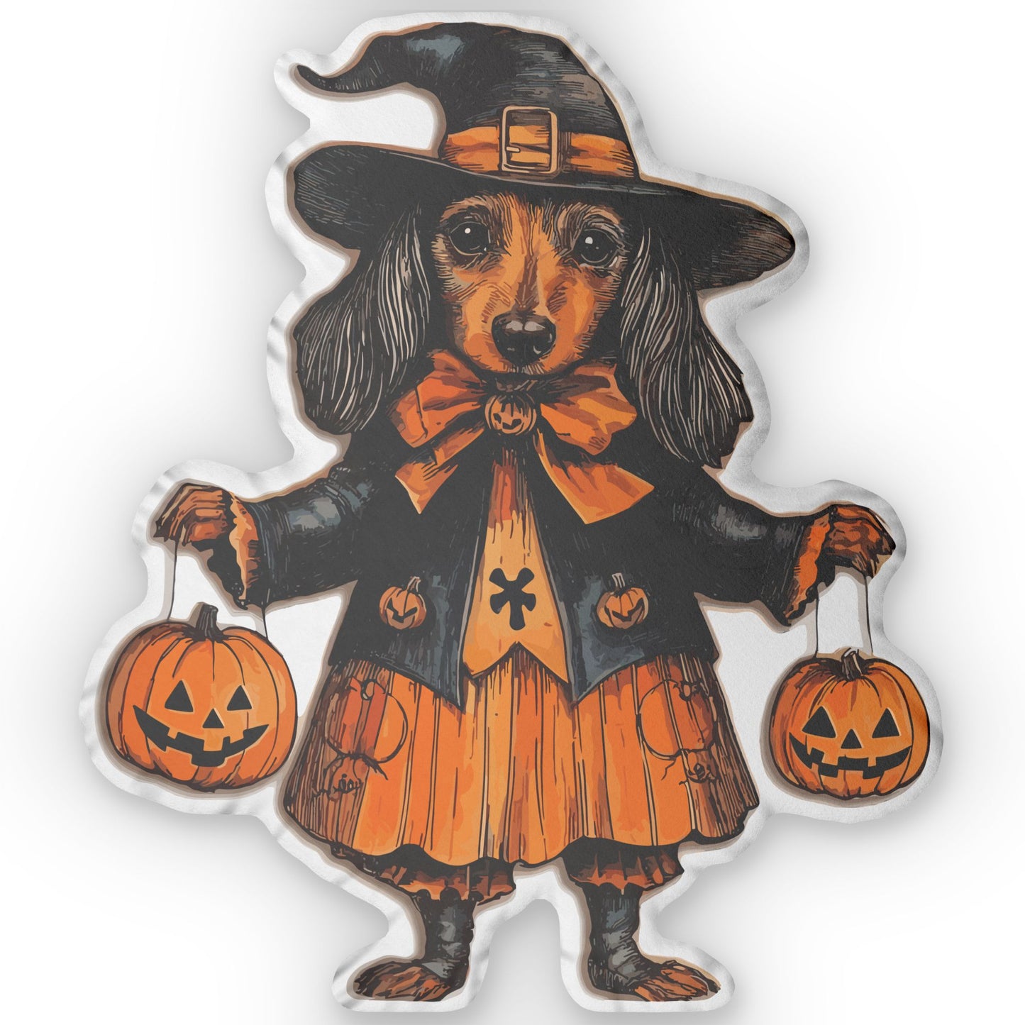 #25 Vintage Halloween Inspired Black & Tan Smooth-Haired Dachshund Custom Shaped Pillow