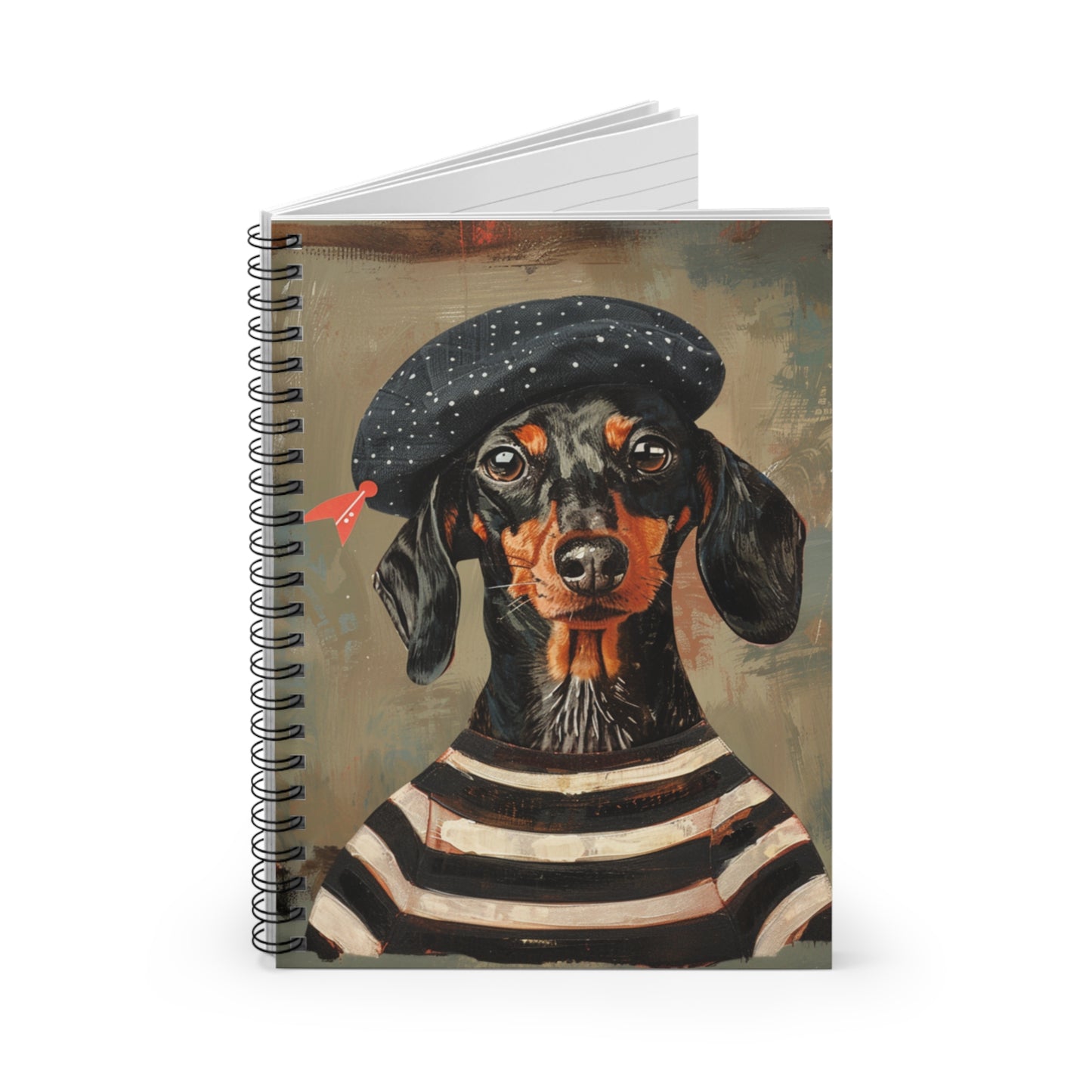 "Beret" Black & Tan Smooth-Haired Dachshund Ruled Line Spiral Notebook