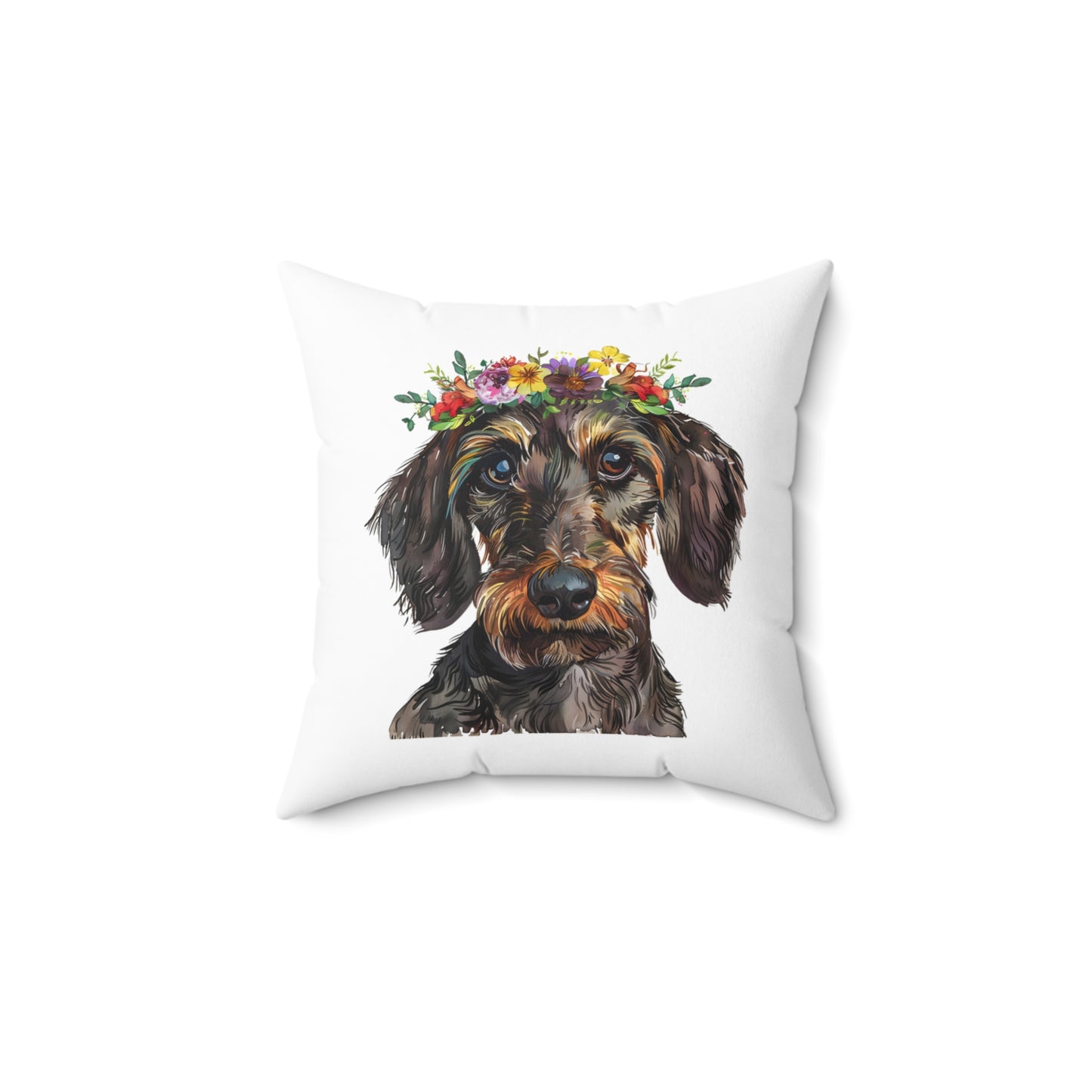 "Daisy Chain" Wire-Haired Dachshund Square Throw Pillow
