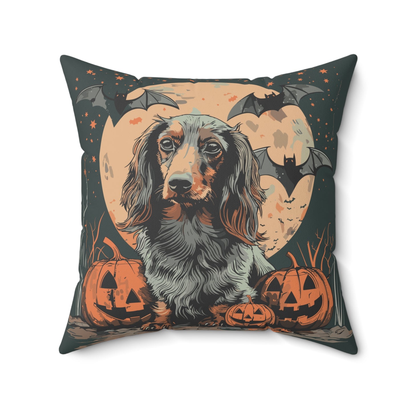#12 Halloween Inspired Black & Tan/Chocolate Long-Haired Dachshund Throw Pillow
