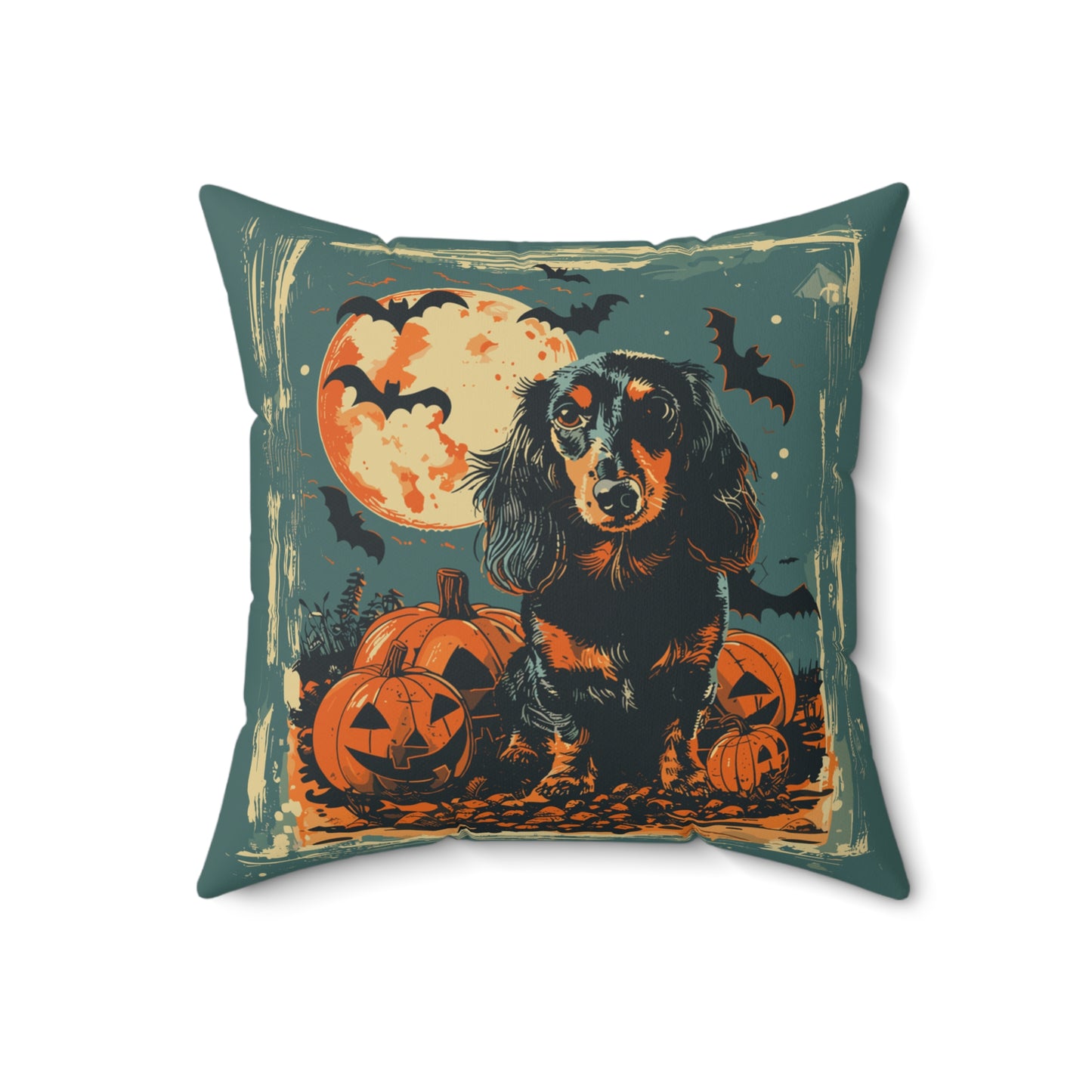 #20 Halloween Inspired Black & Tan Long-Haired Dachshund Throw Pillow