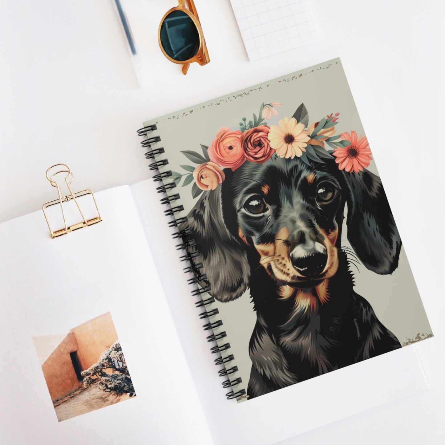 "Flower Crown" Black & Tan Smooth-Haired Dachshund Ruled Line Spiral Notebook