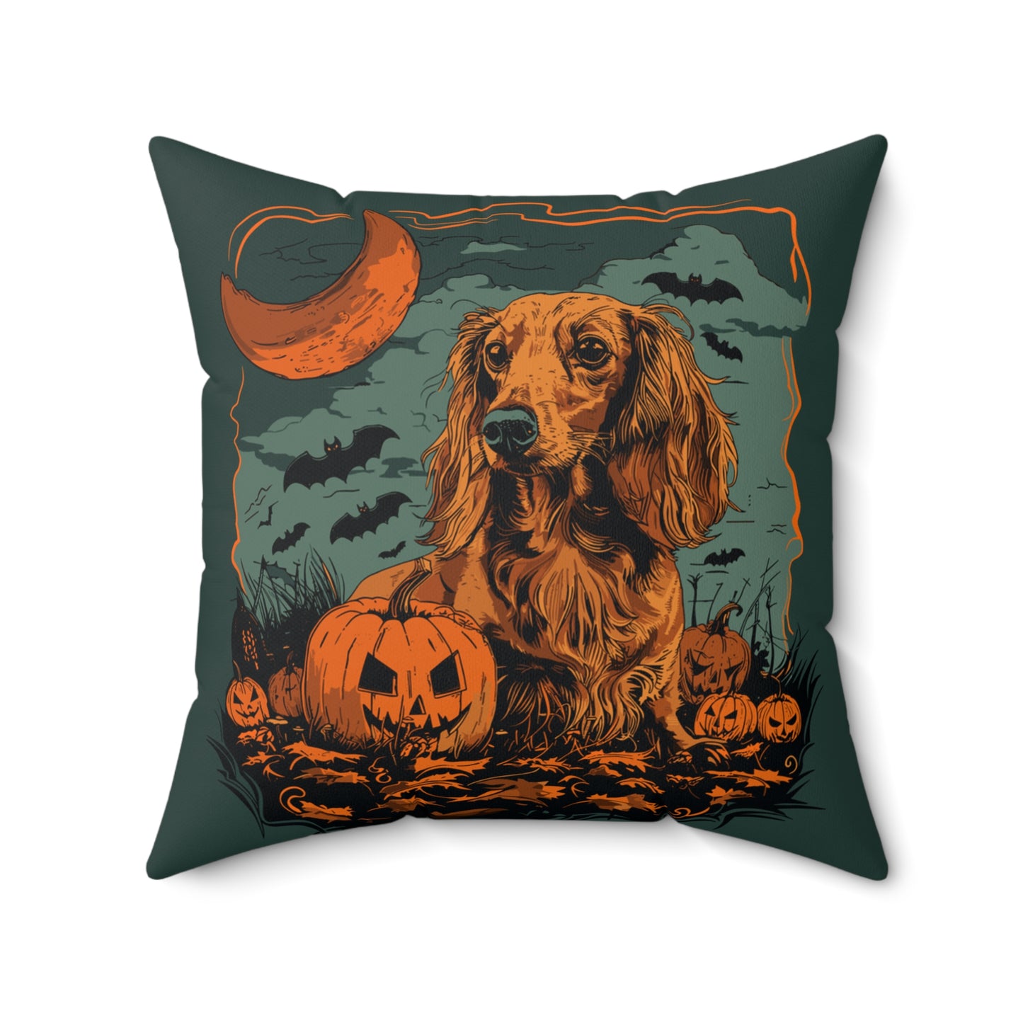 #16 Halloween Inspired Red/Tan Long-Haired Dachshund Throw Pillow