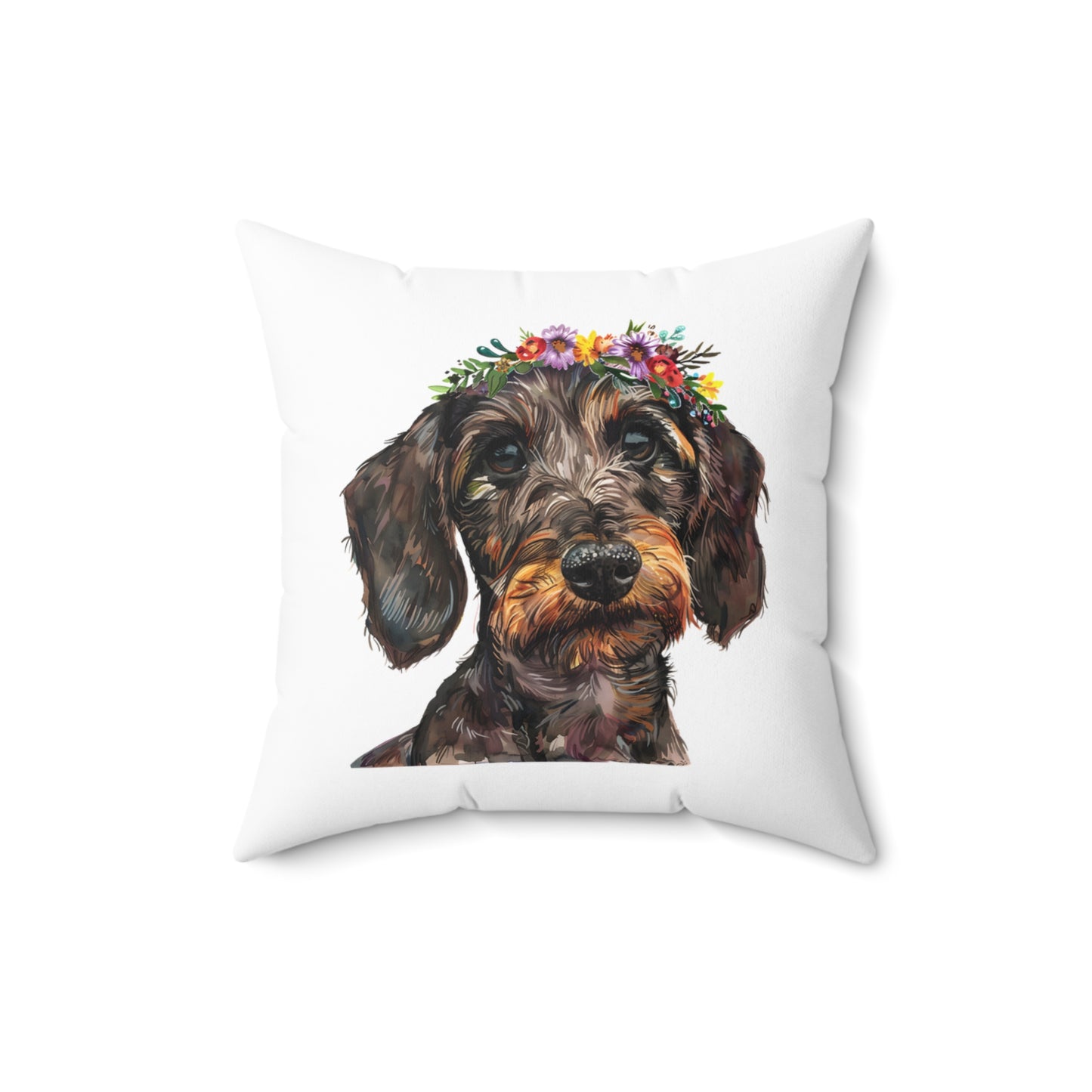 "Flower Field" Wire-Haired Dachshund Square Throw Pillow