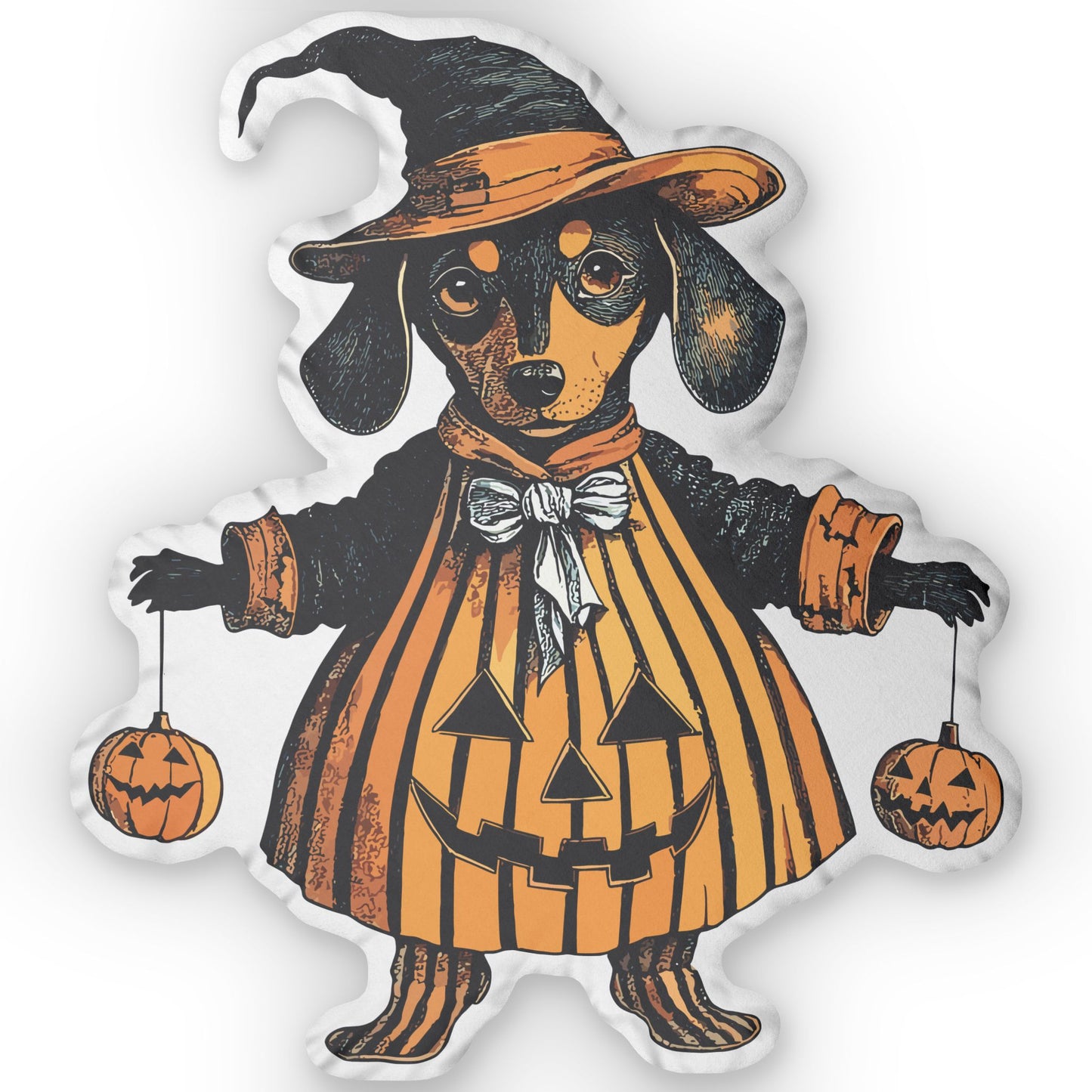 #6 Vintage Halloween Inspired Black & Tan Smooth-Haired Dachshund Custom Shaped Pillow