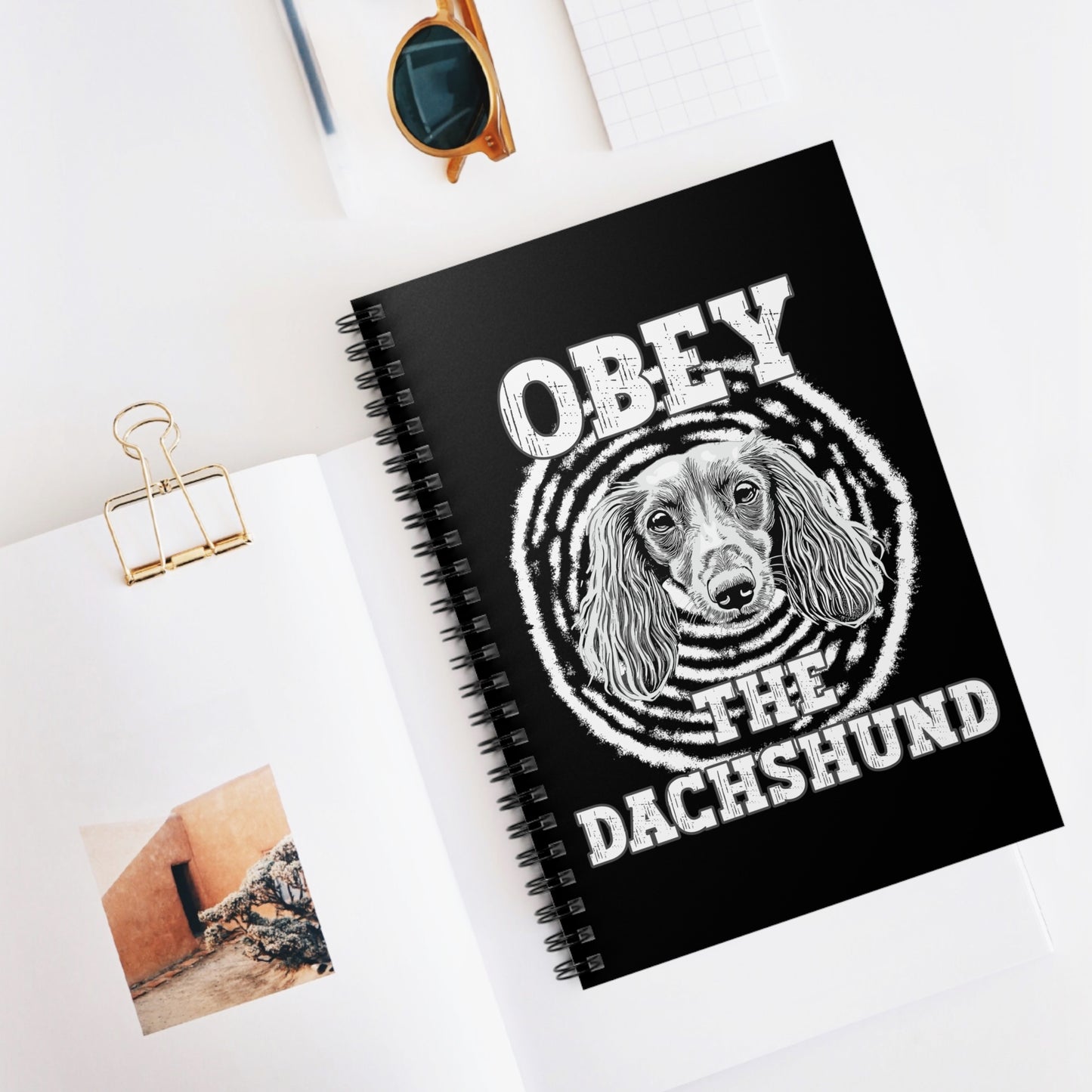"Obey" Long-Haired Dachshund Ruled Line Spiral Notebook