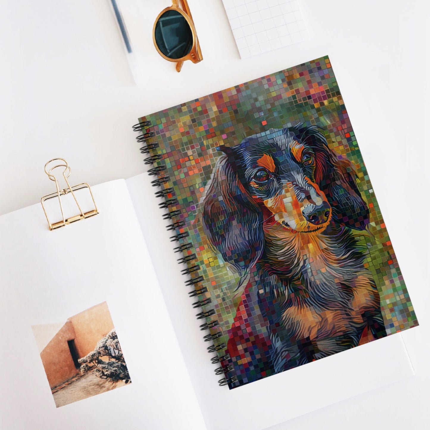 "Pixels" Black & Tan Long-Haired Dachshund Ruled Line Spiral Notebook
