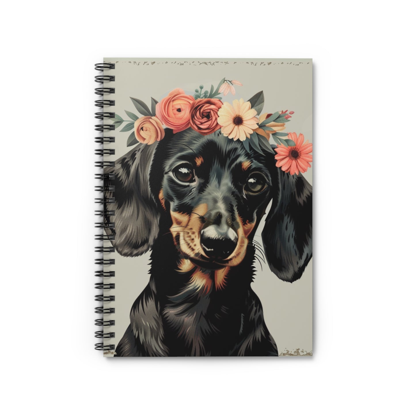 "Flower Crown" Black & Tan Smooth-Haired Dachshund Ruled Line Spiral Notebook