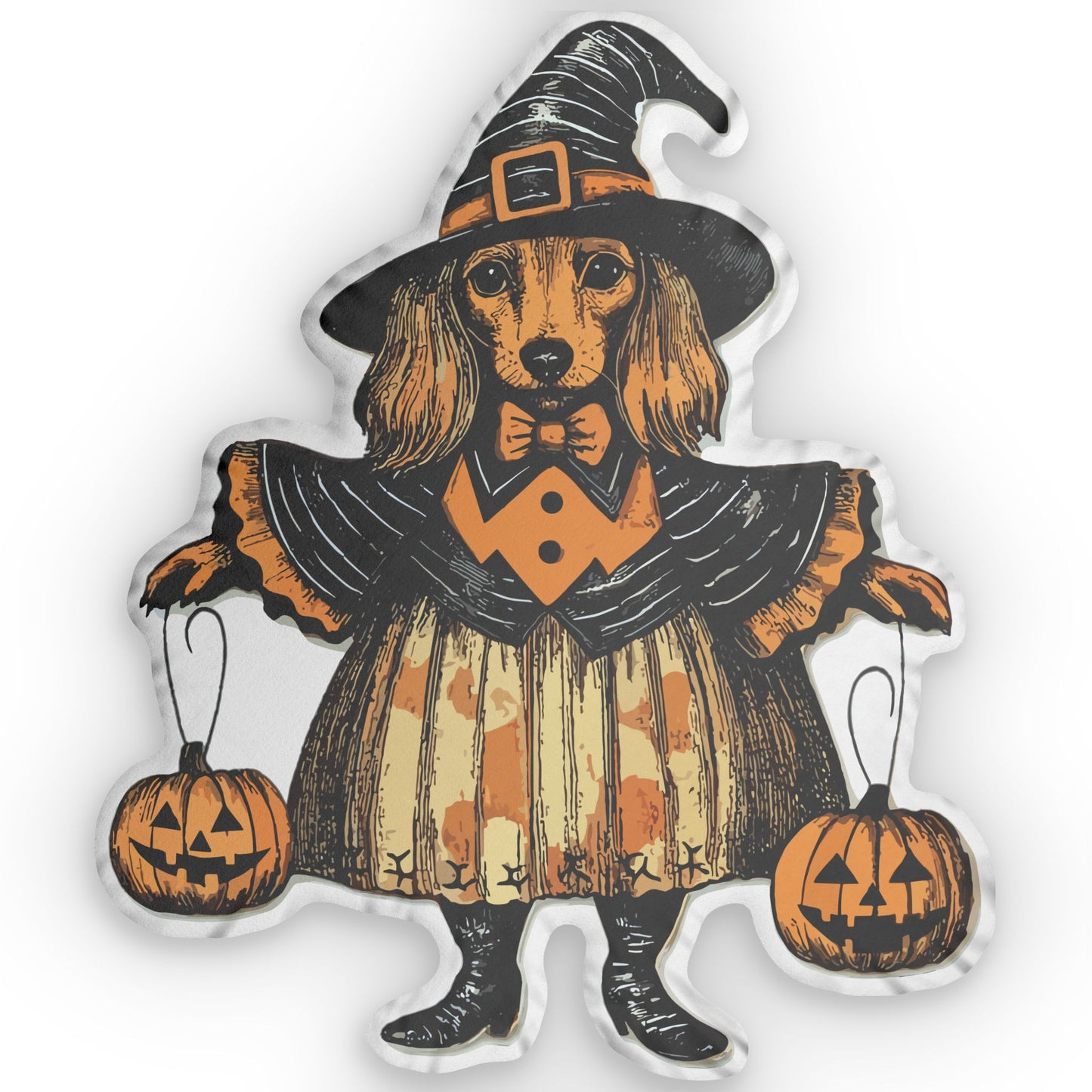 #17 Vintage Halloween Inspired Cream-Colored Long-Haired Dachshund Custom Shaped Pillow