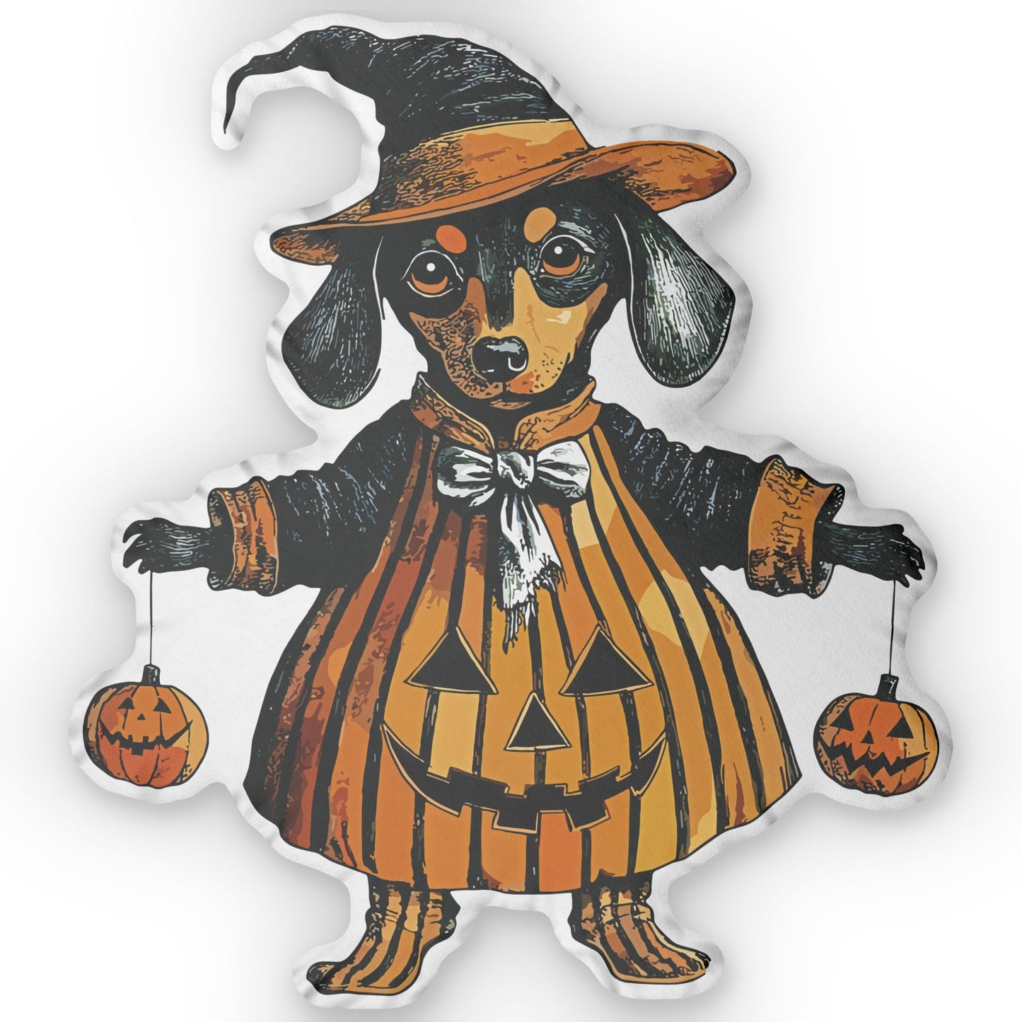 #7 Vintage Halloween Inspired Black & Tan Smooth-Haired Dachshund Custom Shaped Pillow