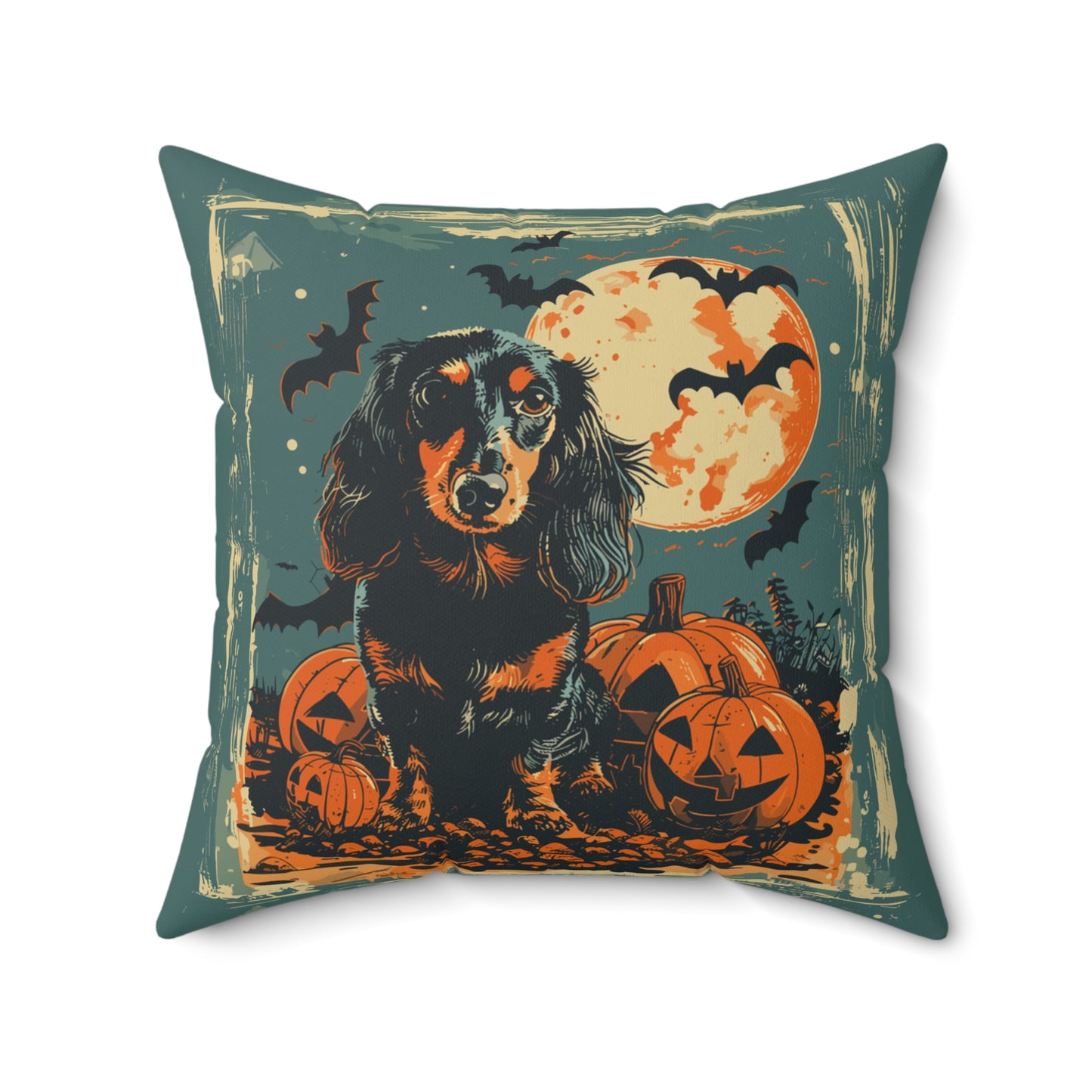 #20 Halloween Inspired Black & Tan Long-Haired Dachshund Throw Pillow