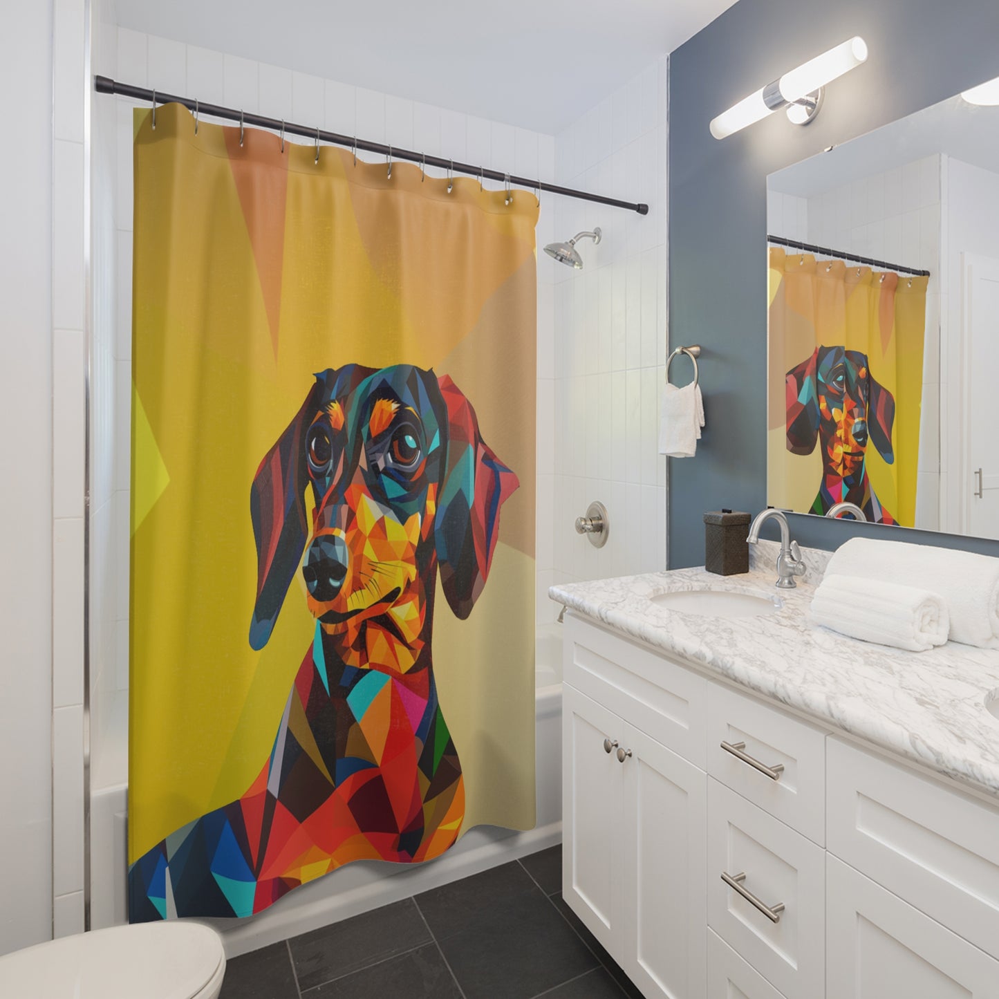 "Symmetrical Sausage" Black & Tan Smooth-Haired Dachshund Yellow Shower Curtain