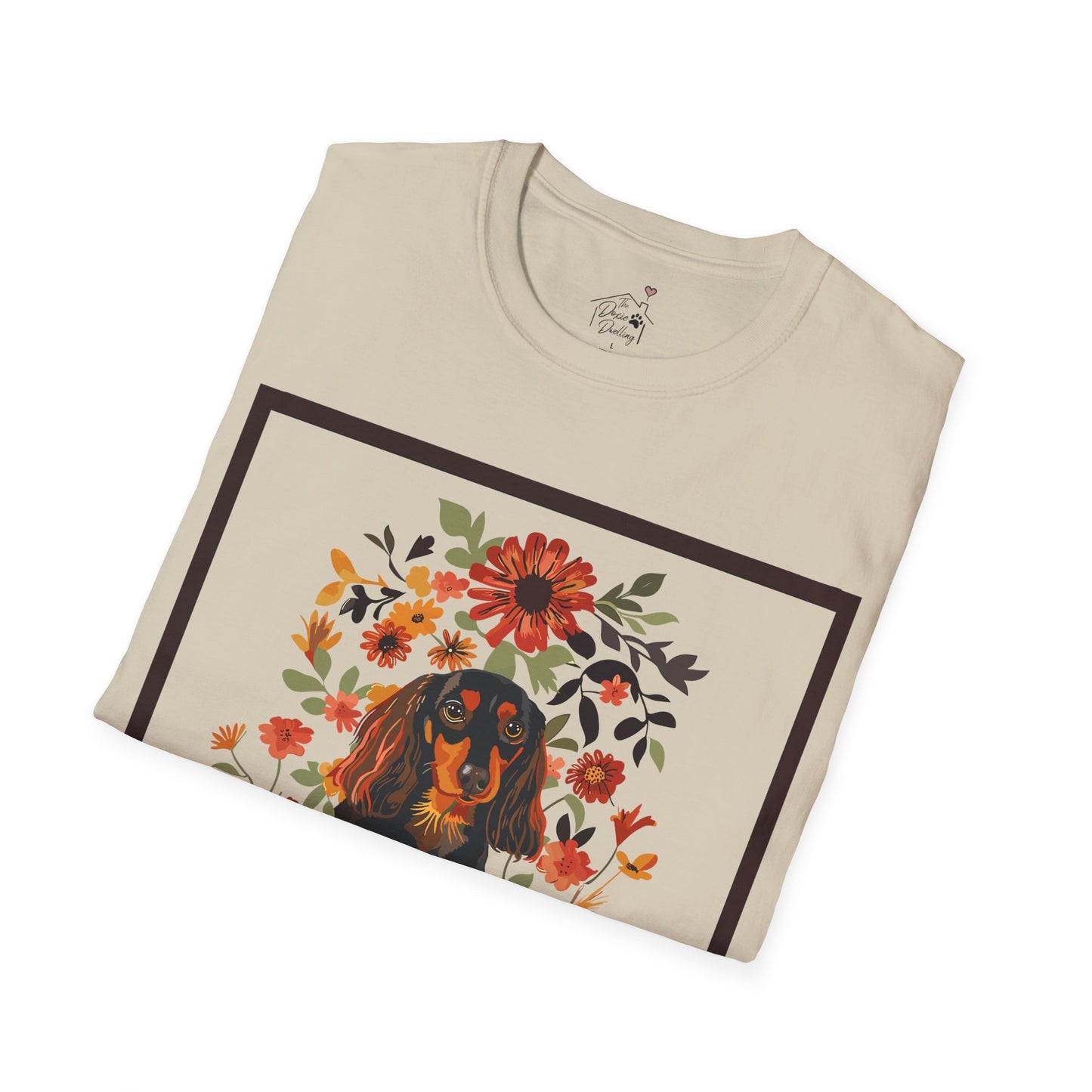 "Bouquet" Black & Tan Long-Haired Dachshund Unisex Softstyle T-Shirt