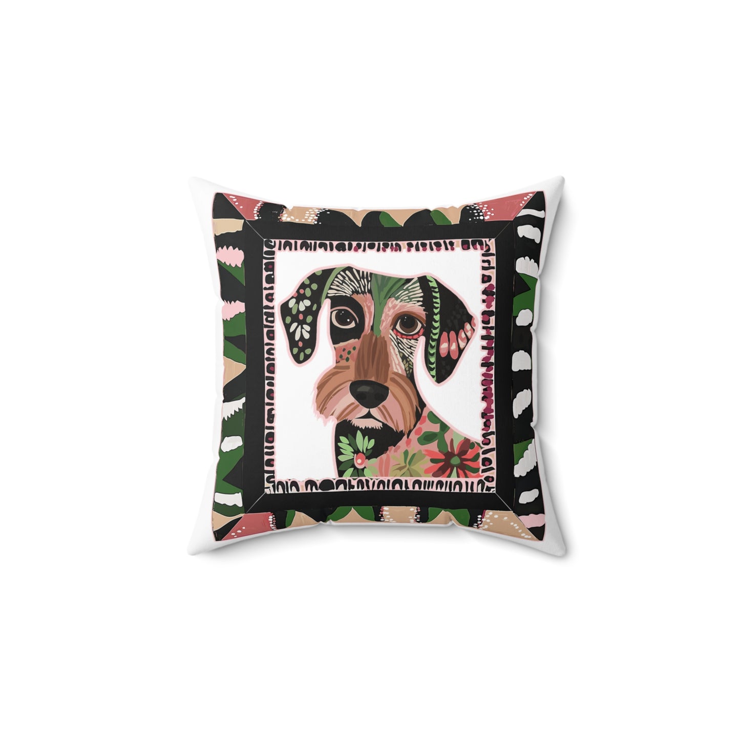 "Wired Wacky Frame" Wire-Haired Dachshund Square Throw Pillow