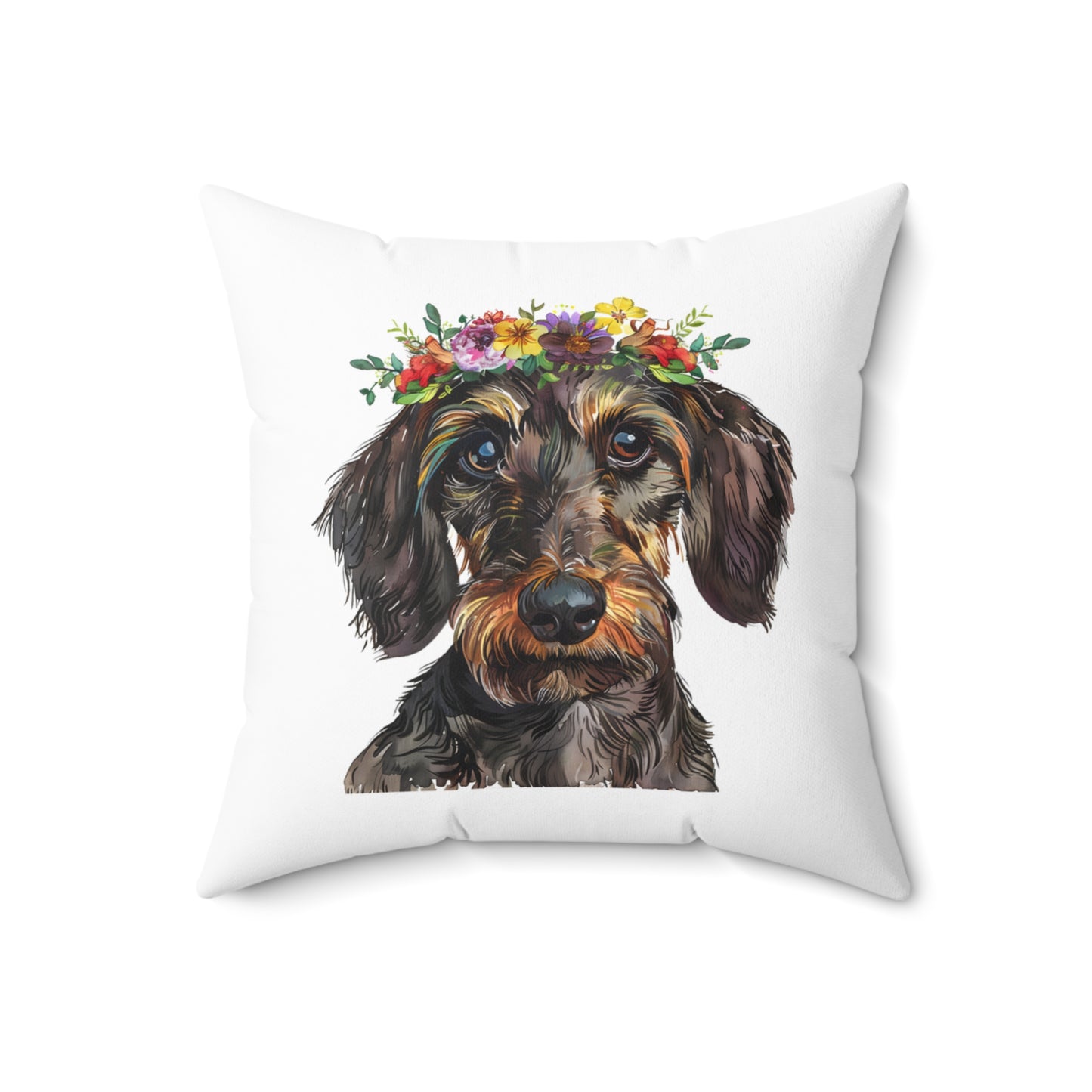 "Daisy Chain" Wire-Haired Dachshund Square Throw Pillow