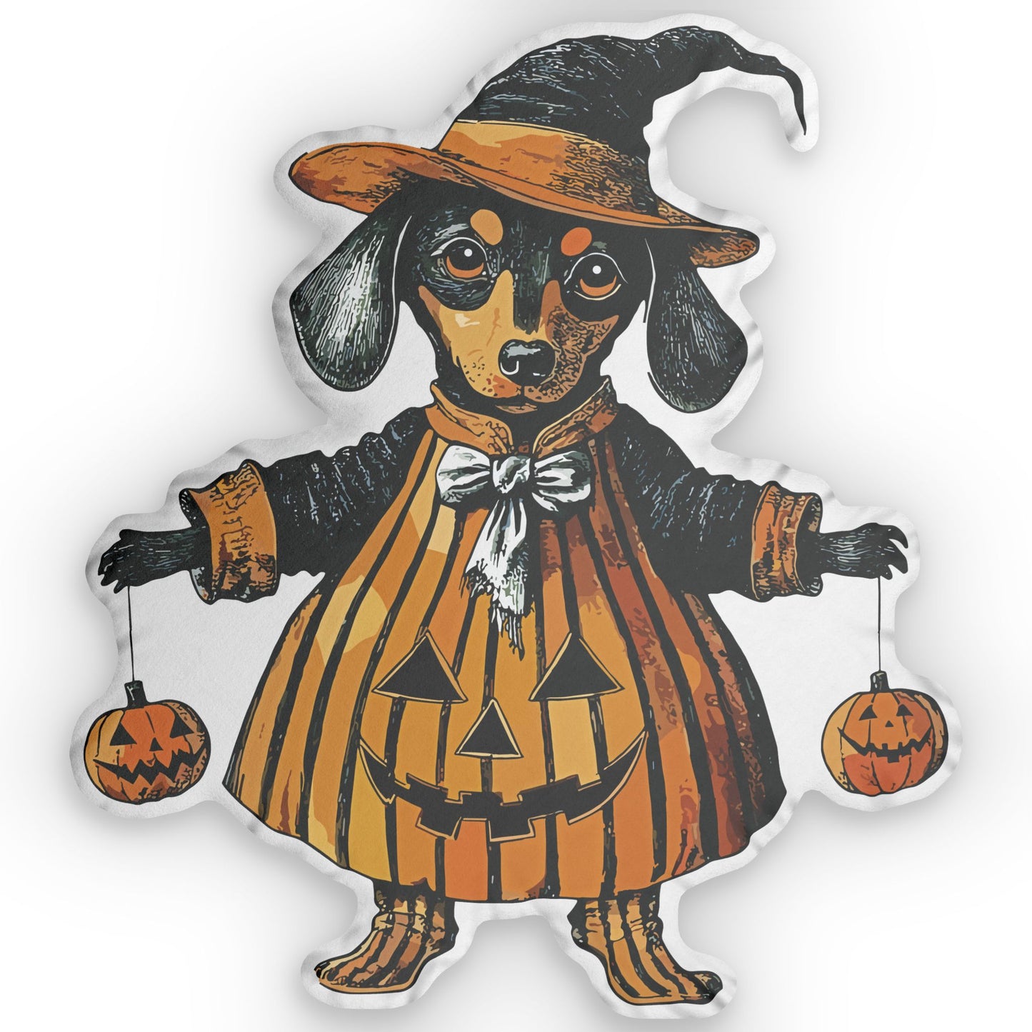 #7 Vintage Halloween Inspired Black & Tan Smooth-Haired Dachshund Custom Shaped Pillow