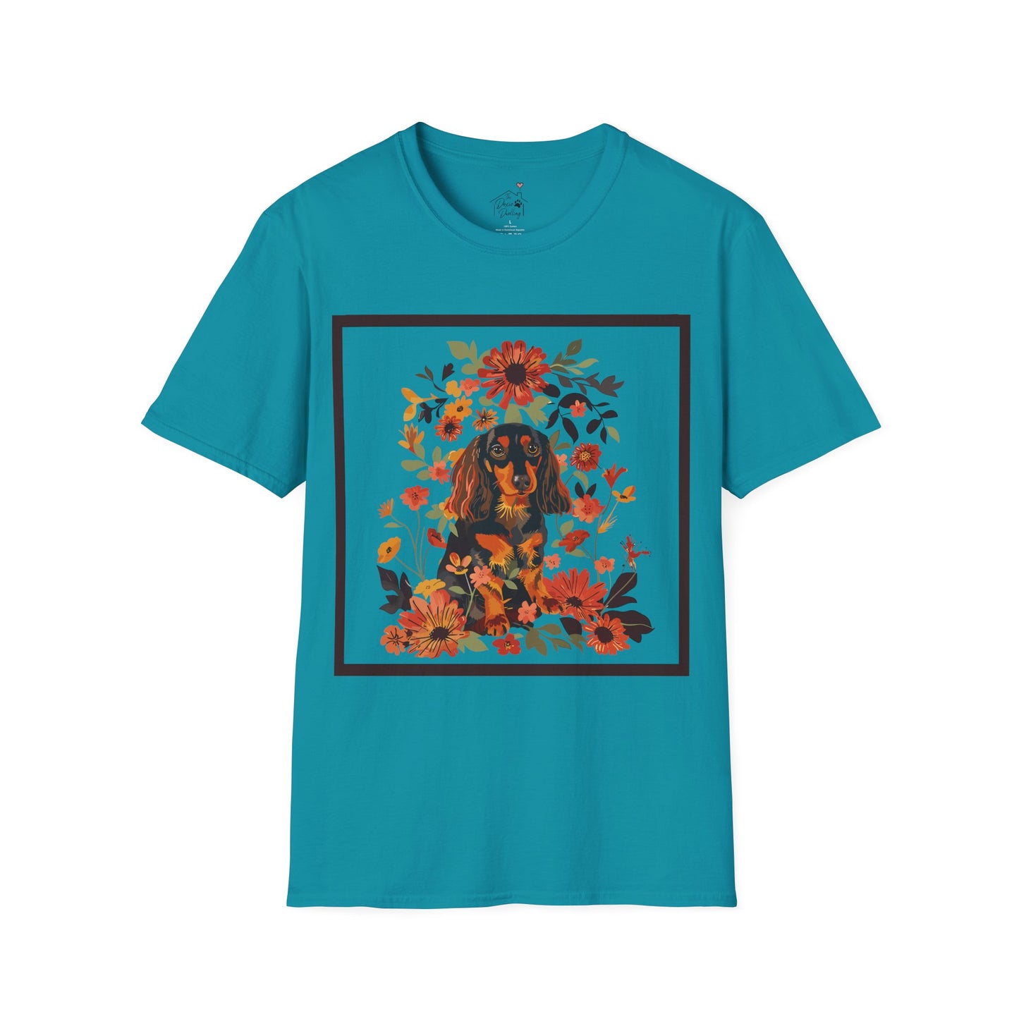"Bouquet" Black & Tan Long-Haired Dachshund Unisex Softstyle T-Shirt