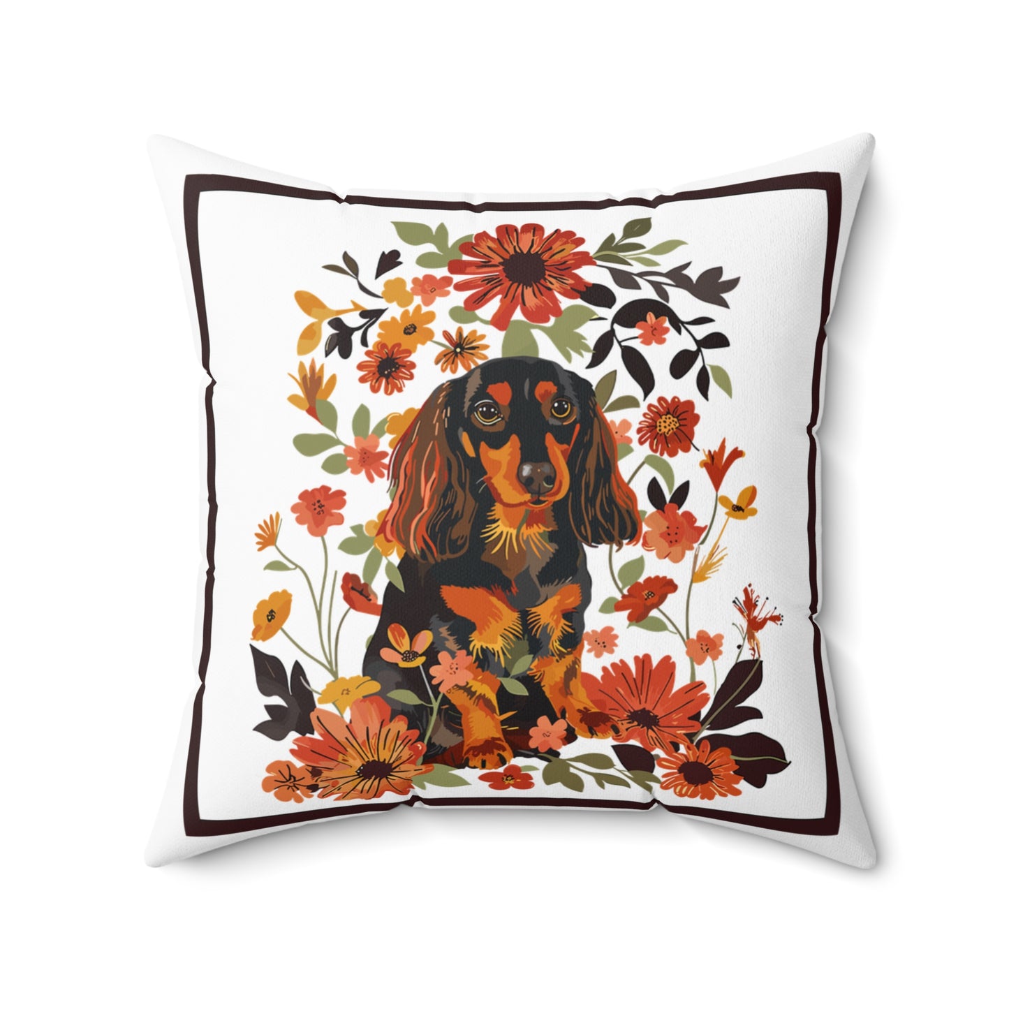 "Bouquet" Long-Haired Dachshund Square Throw Pillow