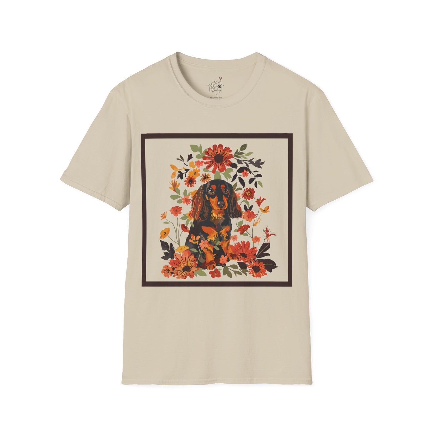 "Bouquet" Black & Tan Long-Haired Dachshund Unisex Softstyle T-Shirt