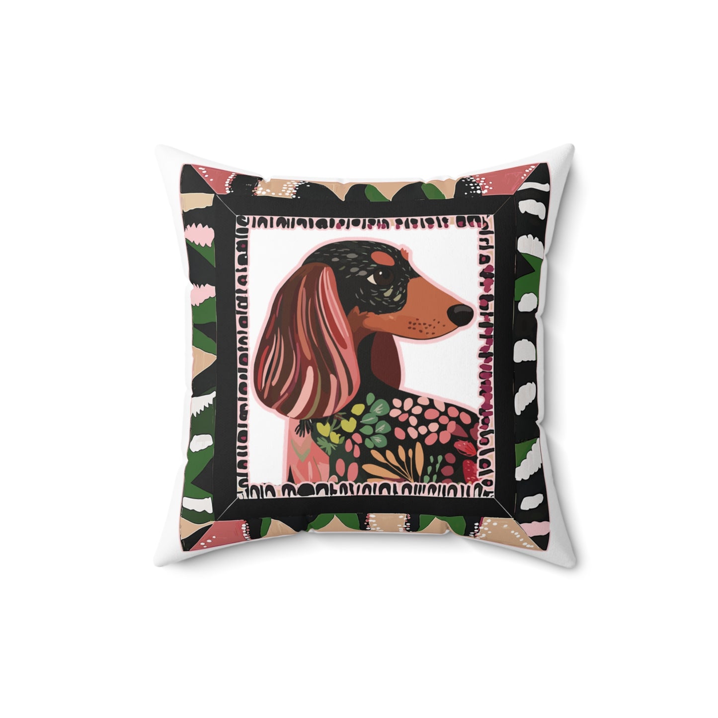"Long Wacky Frame" Long-Haired Dachshund Square Throw Pillow