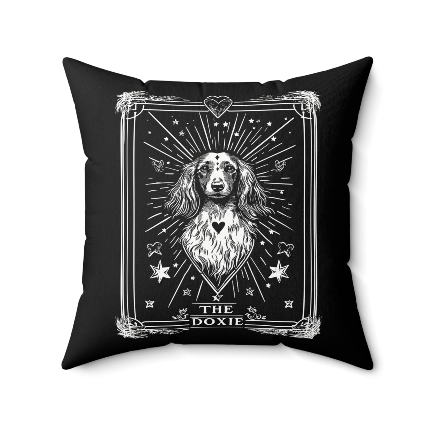 "Long Tarot" Long-Haired Dachshund Square Throw Pillow