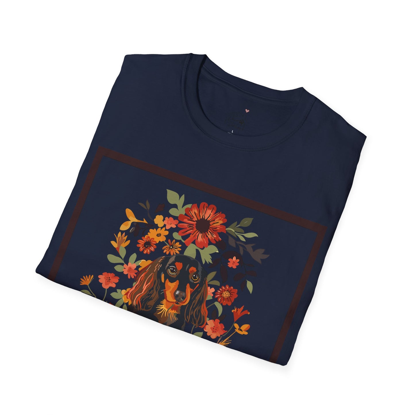 "Bouquet" Black & Tan Long-Haired Dachshund Unisex Softstyle T-Shirt