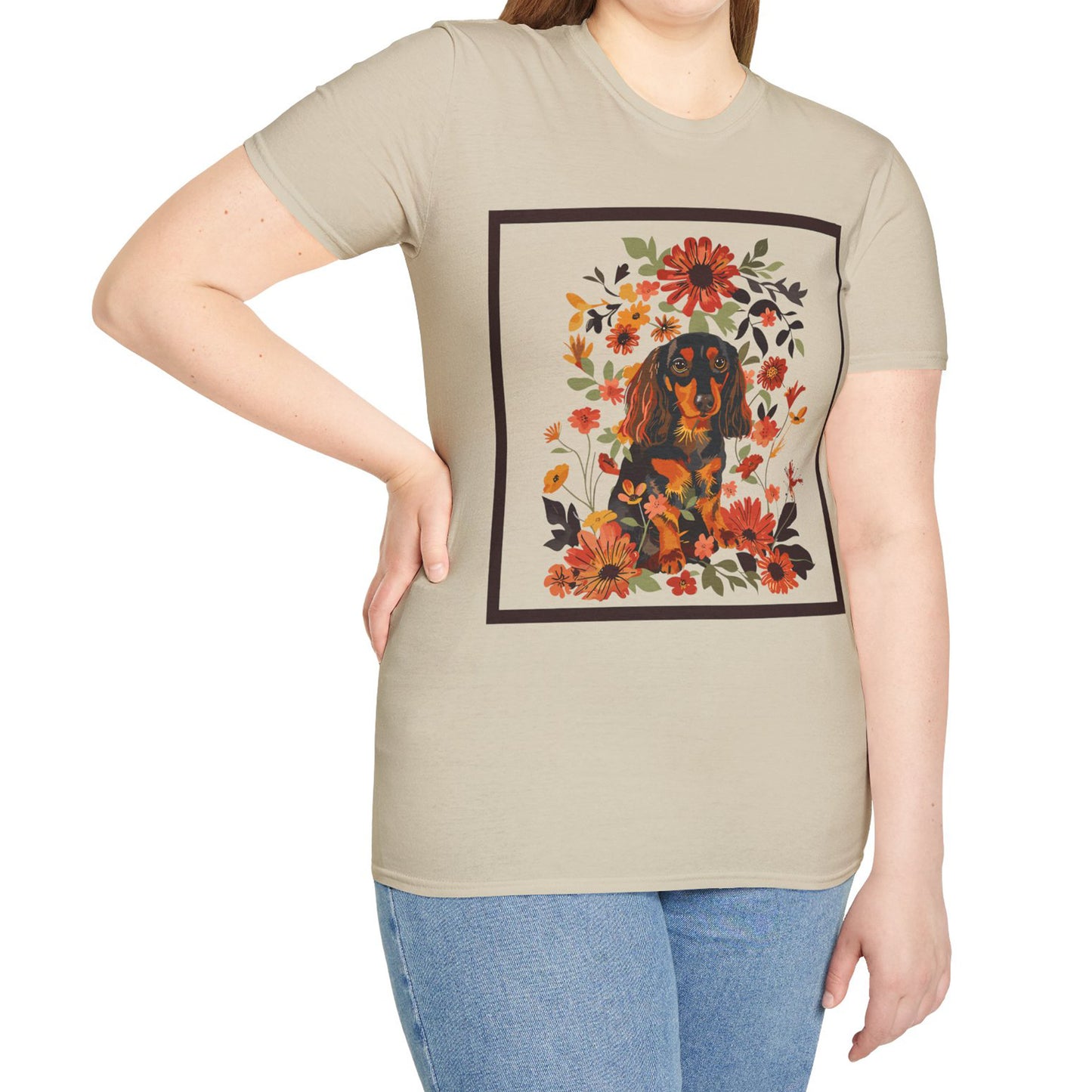 "Bouquet" Black & Tan Long-Haired Dachshund Unisex Softstyle T-Shirt