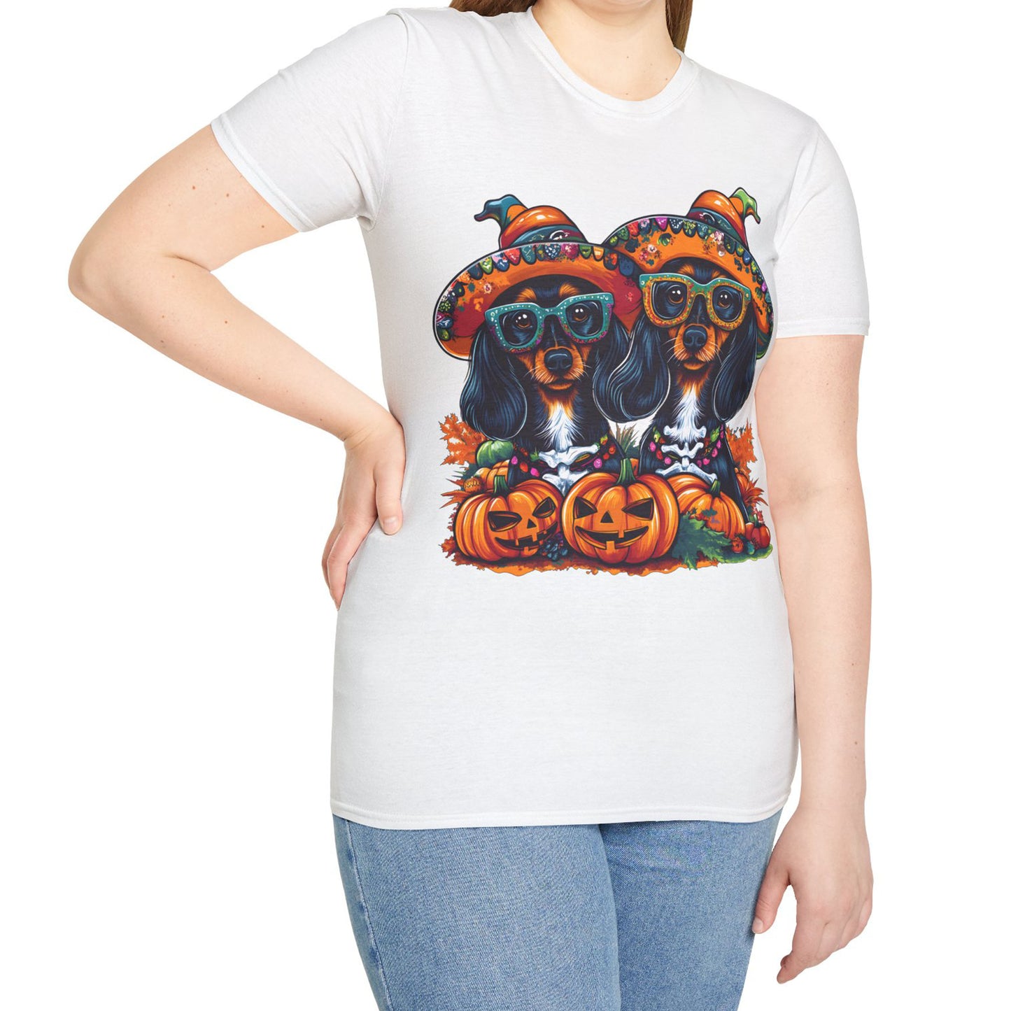 "We Like To Party" Black and Tan Long-Haired Dachshund Halloween Unisex Softstyle T-Shirt