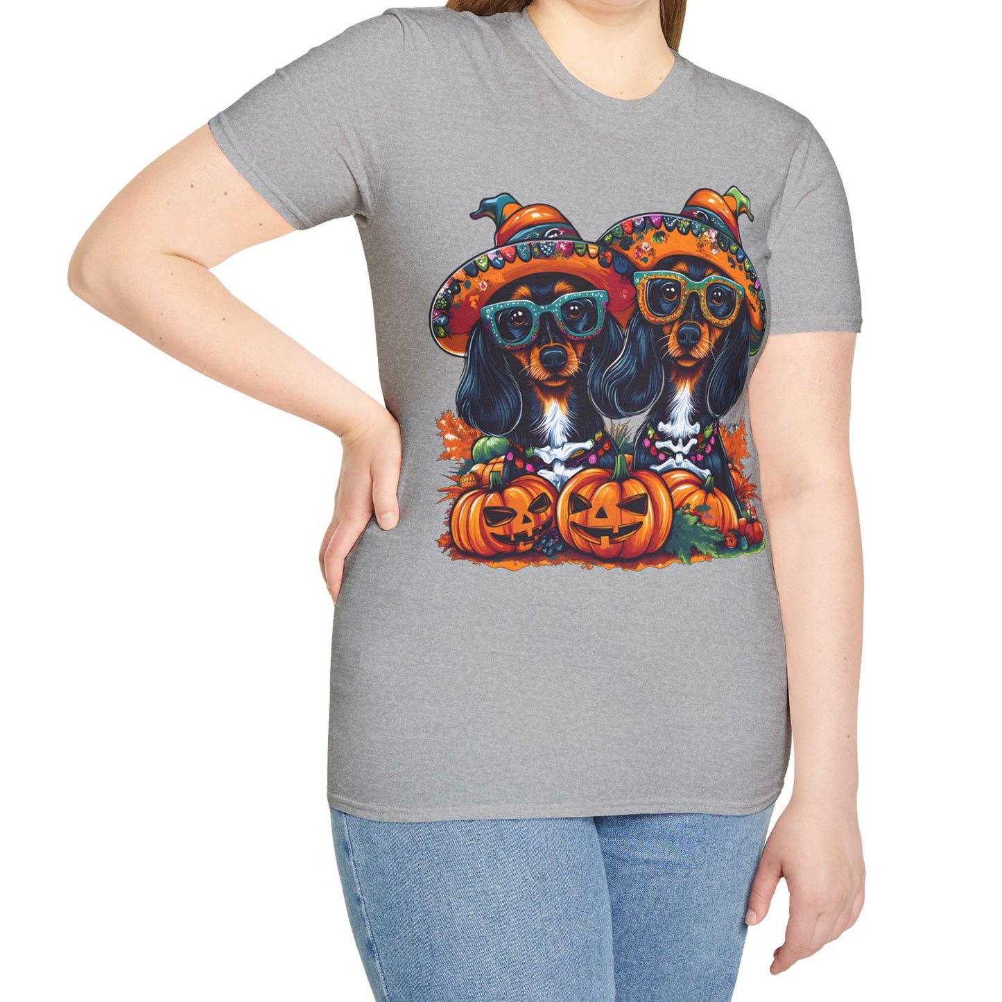 "We Like To Party" Black and Tan Long-Haired Dachshund Halloween Unisex Softstyle T-Shirt