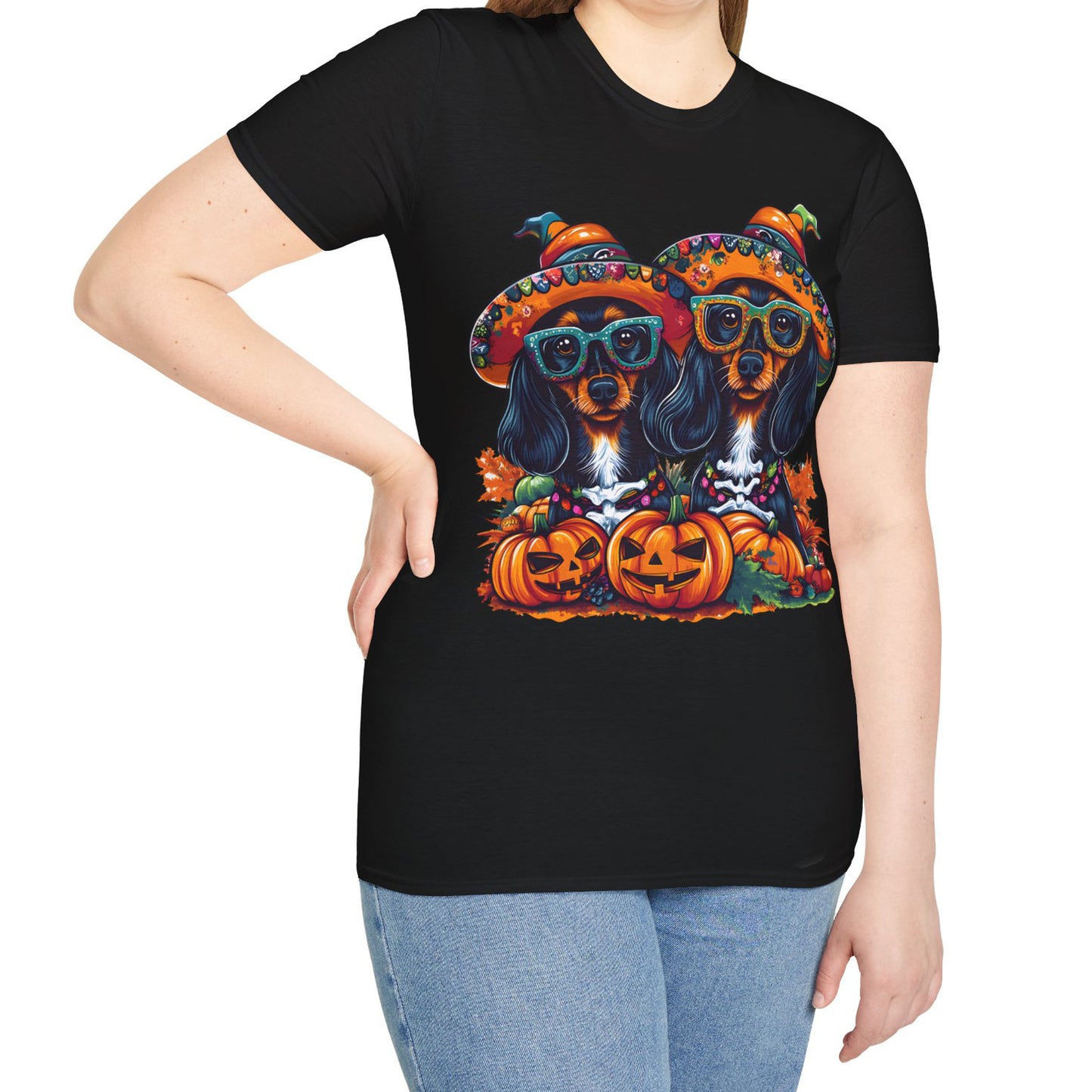 "We Like To Party" Black and Tan Long-Haired Dachshund Halloween Unisex Softstyle T-Shirt